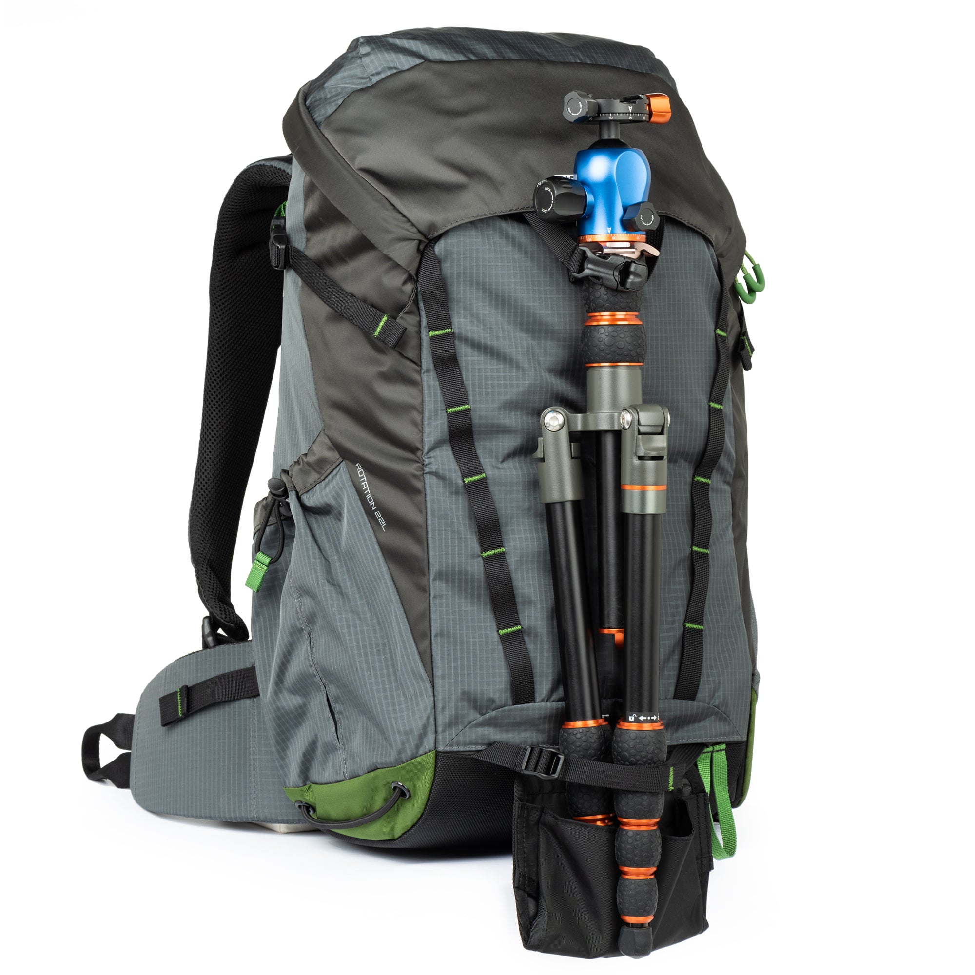 Tripod carries easily on the front and/or side panels