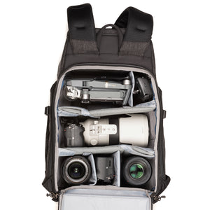 1 ungripped DSLR or Mirrorless body with lens attached up to a 70–200mm f/2.8, 3–5 additional lenses, a strobe, a 15” laptop, plus personal gear