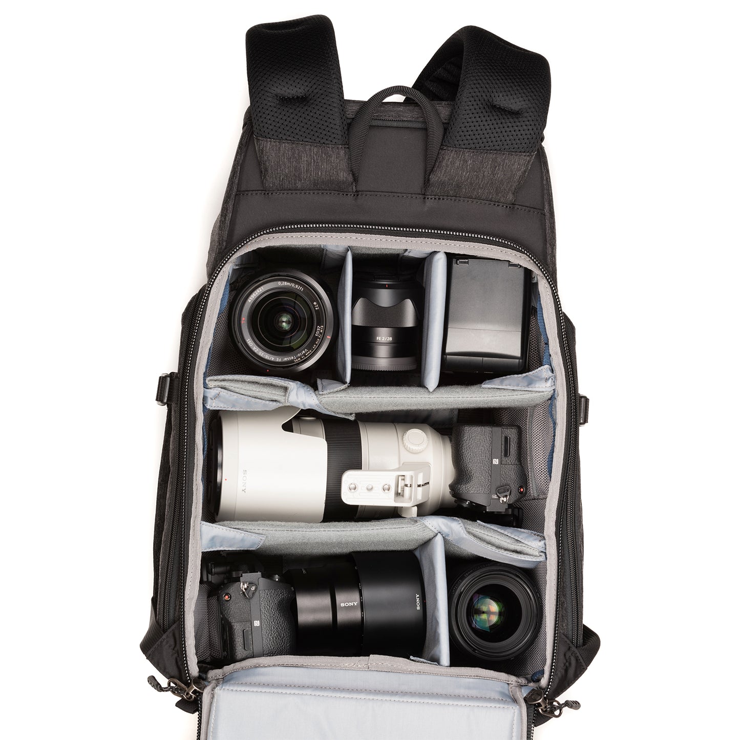 
                  
                    Sony a7rIII with 70–200mm f/2.8 attached, 24–70mm f/2.8, 16–35mm f/4, 90mm f/2.8 macro, HVL-F43M strobe and a 15” laptop
                  
                