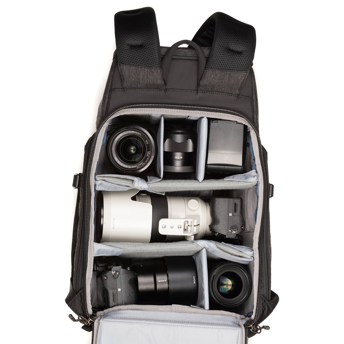 Sony a7rIII with 70–200mm f/2.8 attached, 24–70mm f/2.8, 16–35mm f/4, 90mm f/2.8 macro, HVL-F43M strobe and a 15” laptop