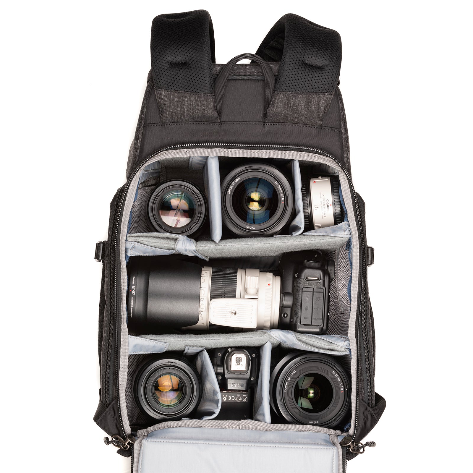 Fits 1 ungripped DSLR or Mirrorless body with lens attached up to a 70–200mm f/2.8, 3–5 additional lenses, a strobe, a 15” laptop, plus personal gear
