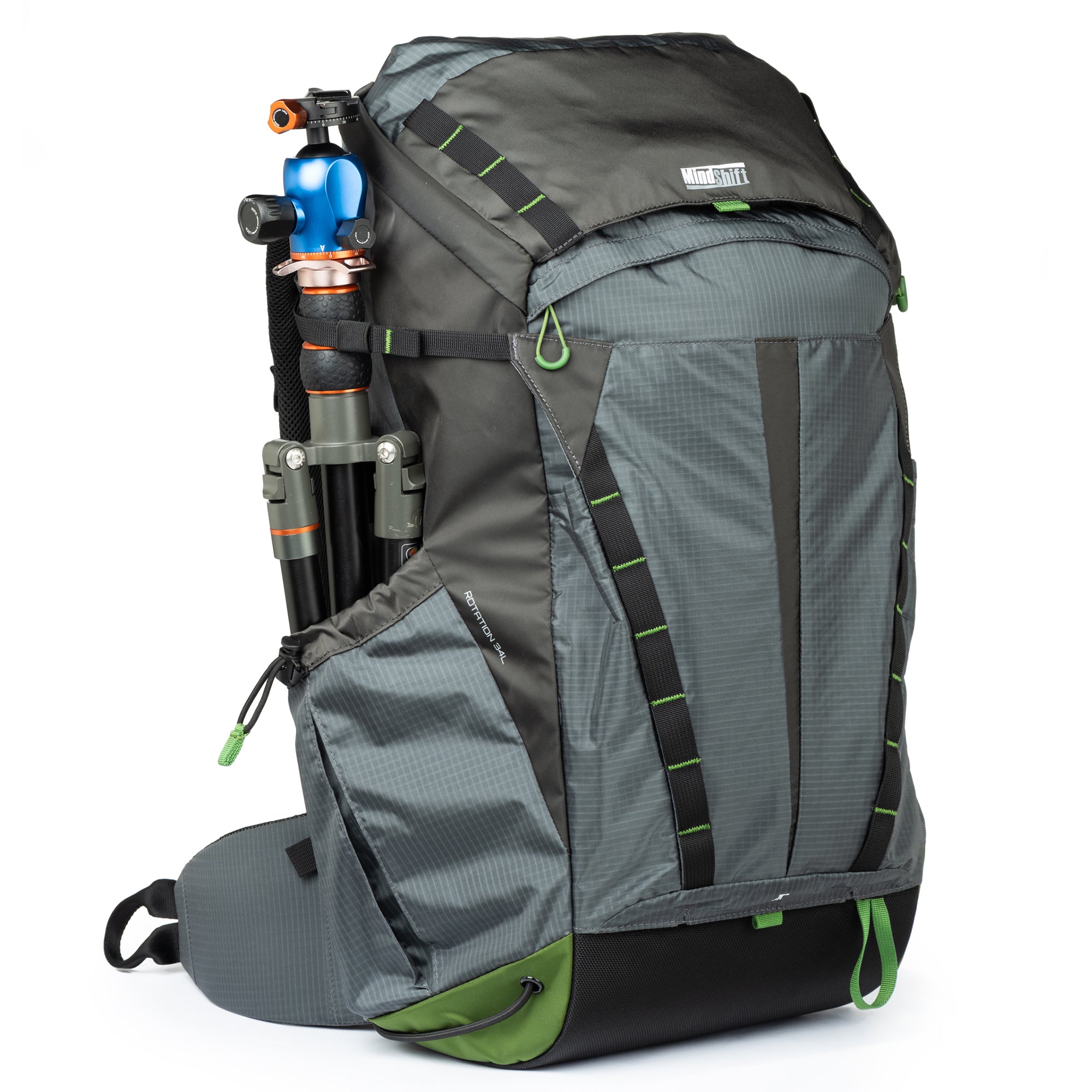 Tripod carries easily on the front and/or side panels