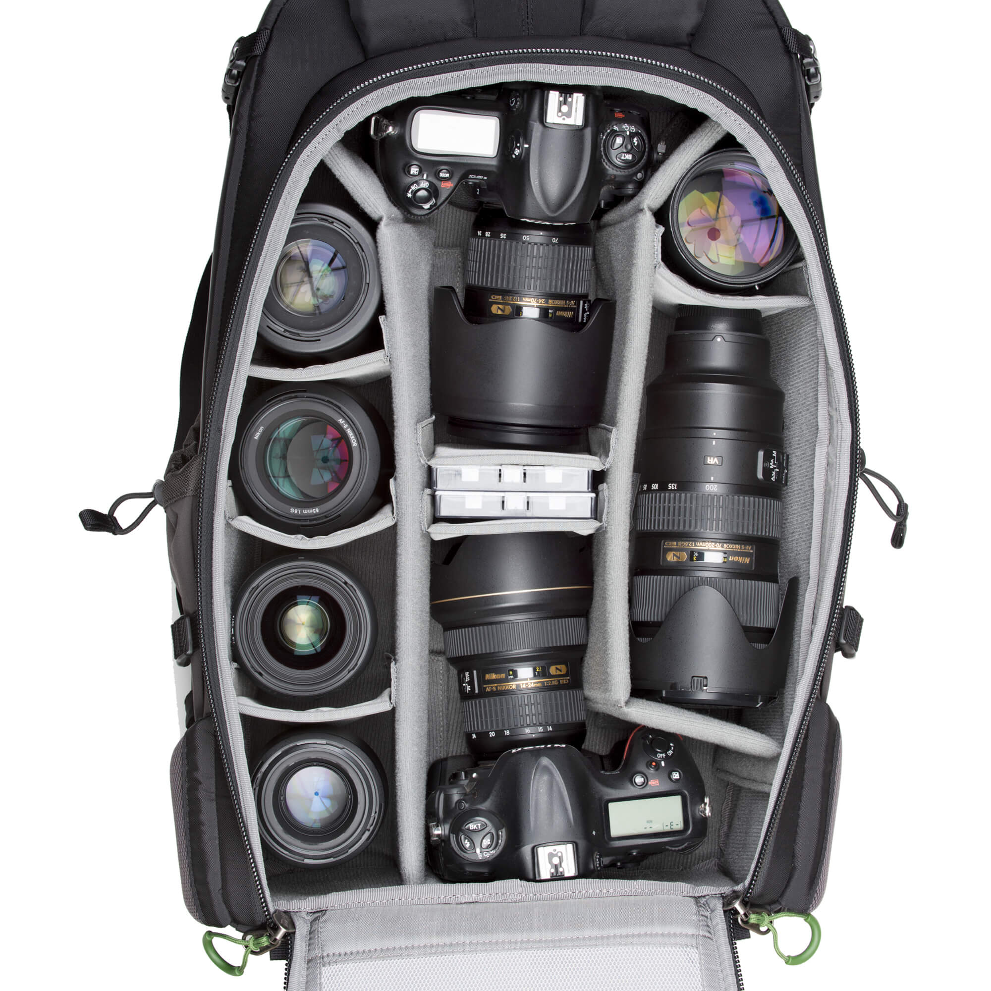 Nikon D3S with 24-70mm f/2.8 attached, Nikon D4S with 14-24mm f/ 2.8 attached, 135mm f/2, 70-200mm f/2.8, 105mm f/2.8 macro, 85mm f/1.8, Sigma 35mm f/1.4 ART, 50mm f/1.4, filters