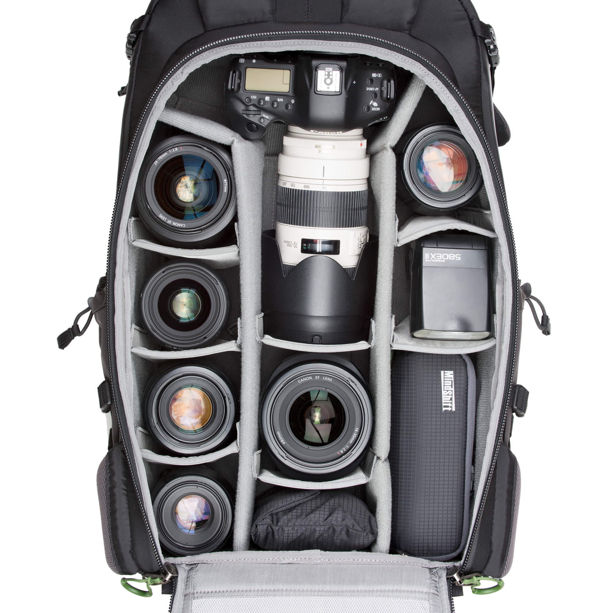 Canon 1DX with 70-200mm f/2.8 attached, 16-35mm f/2.8, 85mm f/1.8, 580 EXII flash, Filter Nest, 24-70mm f/2.8, Sigma 35mm f/1.4 ART, 100mm f/2.8, Macro, T5-E 90mm f/2.8, rain cover