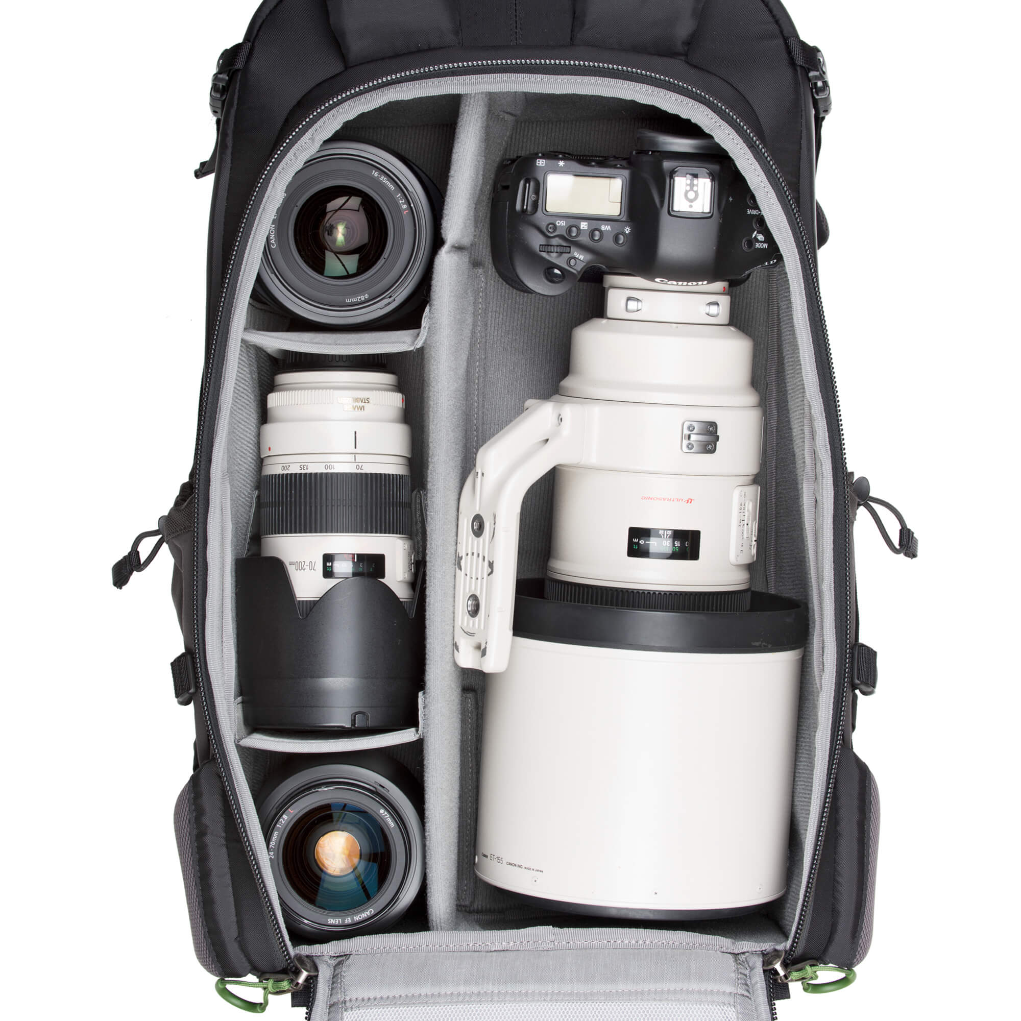 Canon 1DX with 400mm f/2.8 attached, 16-35mm f/2.8, 70-200mm f/2.8, 24-70mm f/2.8