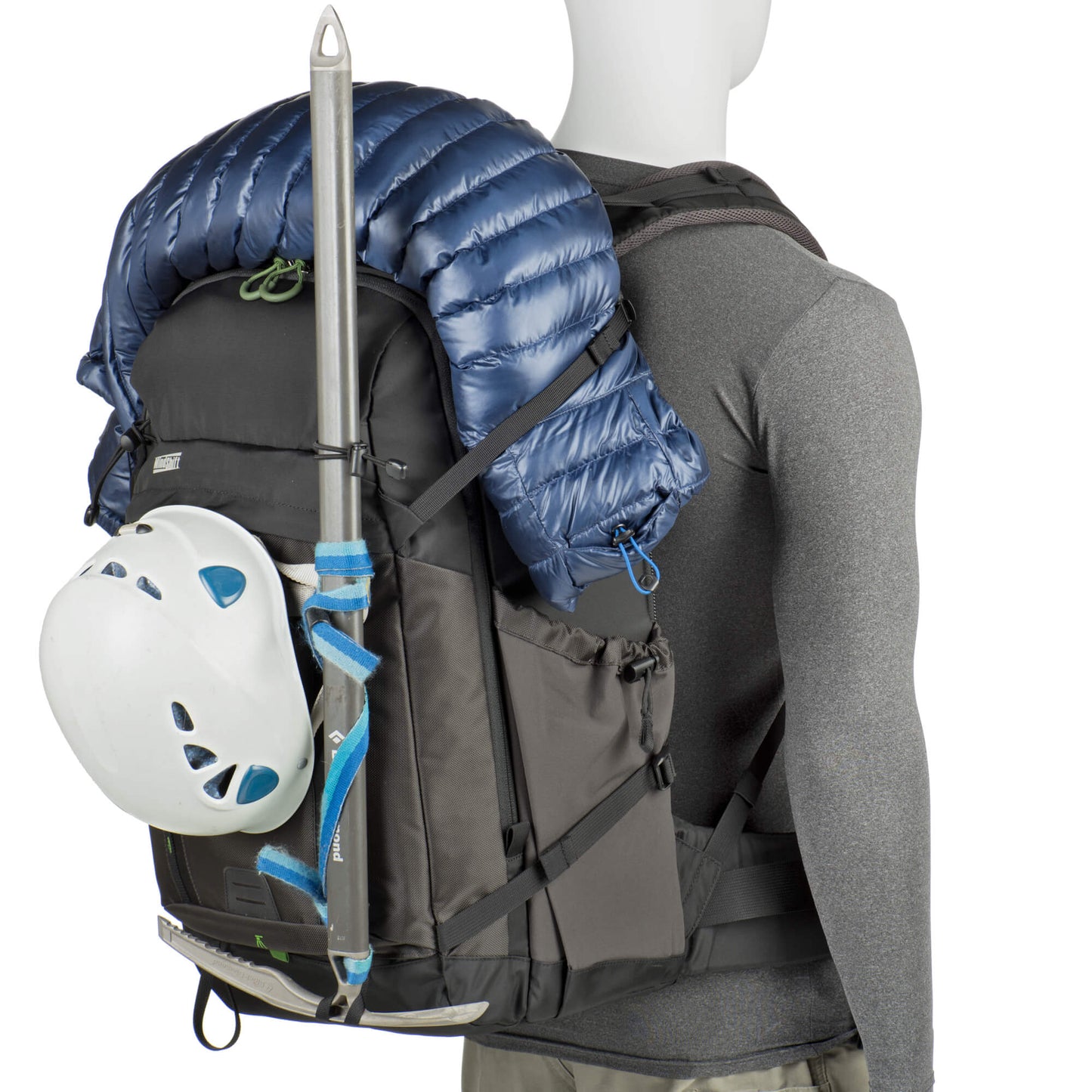 
                  
                    Backlight 36L Charcoal with ice axe and helmet. Side compression straps with locking SR buckles for additional lash points
                  
                