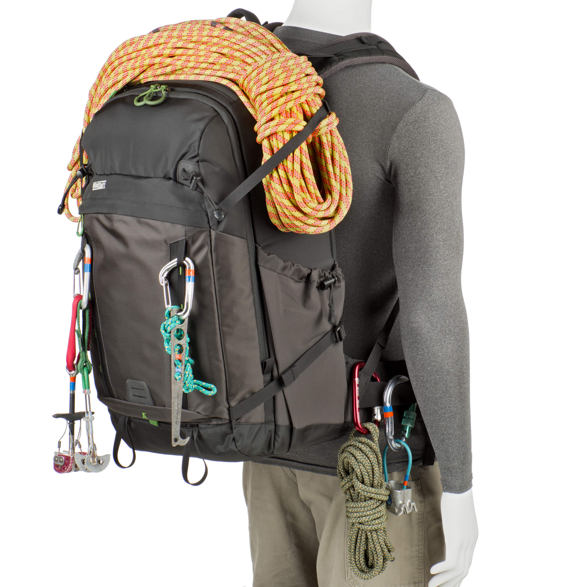 Backlight 36L Charcoal with climbing gear. Side compression straps with locking SR buckles for additional lash points