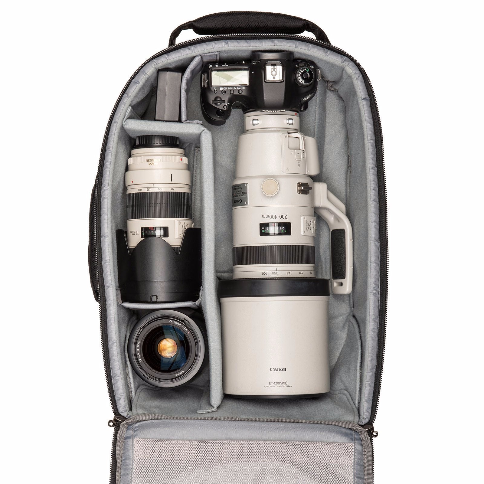 Canon standard size DSLR with 200-400mm f/4 attached, 70-200mm f/2.8, 24-70mm f/2.8