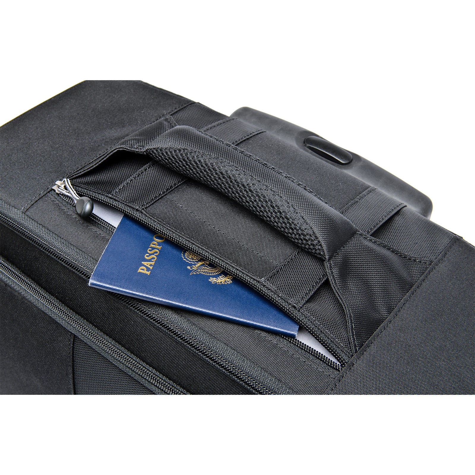 Slim top pocket fits travel documents or small accessories