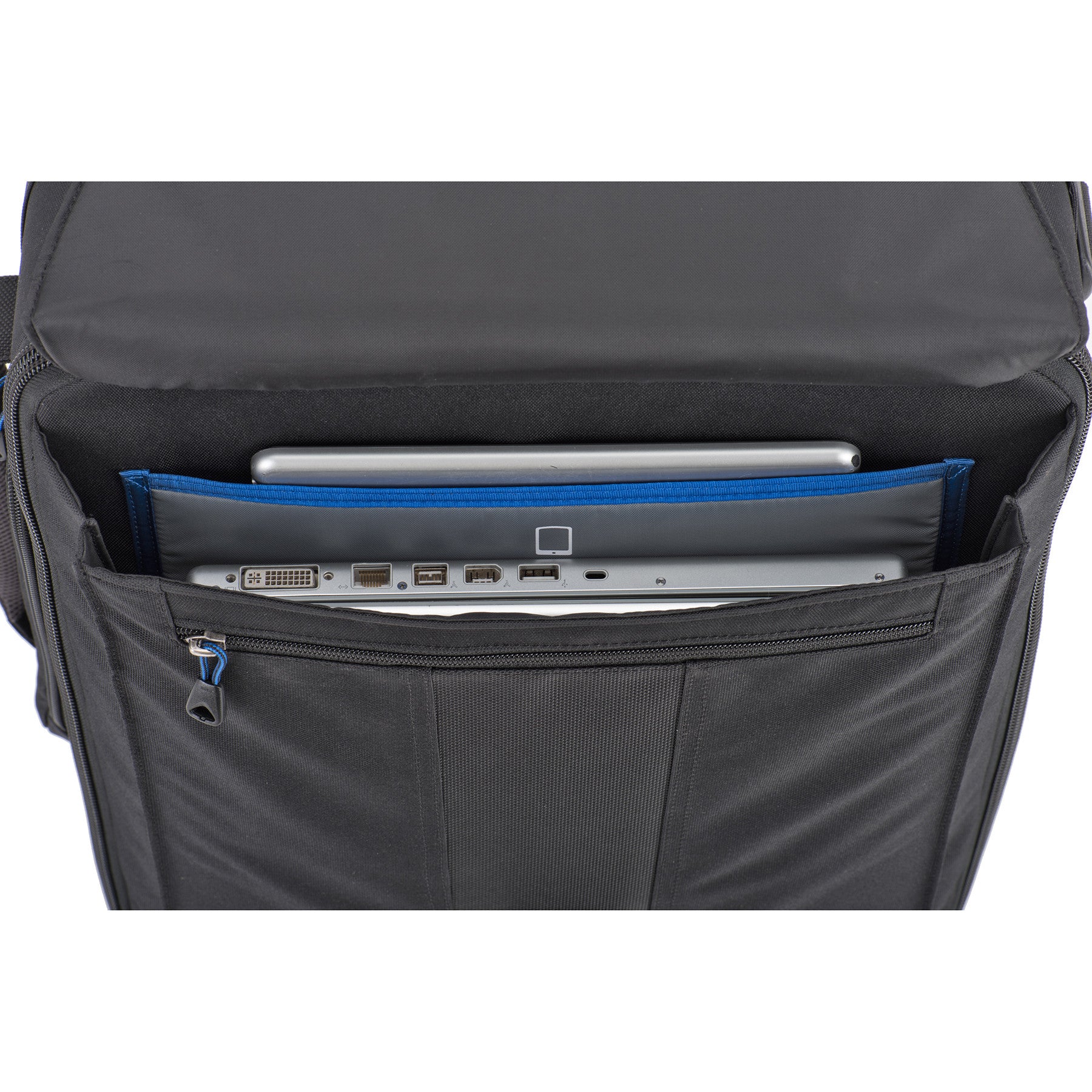 Large front pocket fits up to a 17” laptop and a 10” tablet