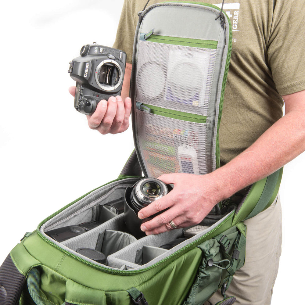 
                  
                    Back-panel opening provides access to all of your camera gear without taking the bag off and allows you to work out of your bag without getting your harness dirty, wet, muddy or icy
                  
                