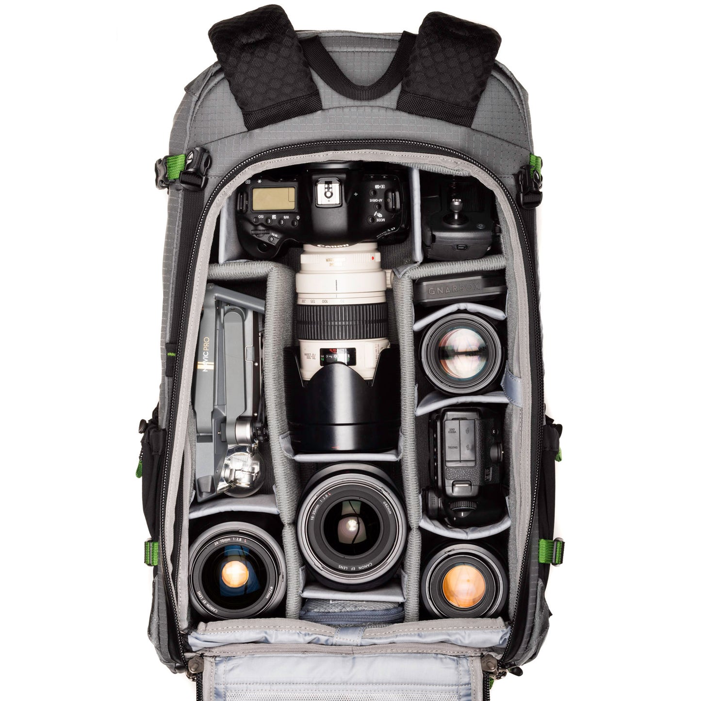 
                  
                    Canon 1DX attached to 70–200mm f/2.8, GoPro Hero 5, DJI Mavic Pro, Mavic Controller, 24–70mm f/2.8, 16–35mm f/2.8, 90mm f/2.8 TS-E
                  
                
