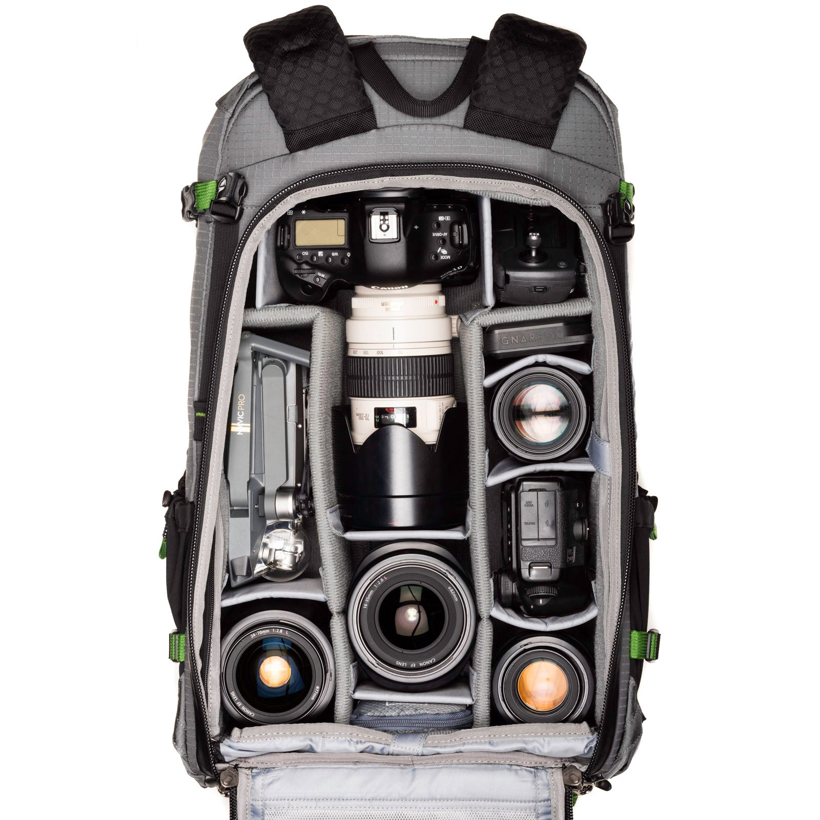 Canon 1DX attached to 70–200mm f/2.8, GoPro Hero 5, DJI Mavic Pro, Mavic Controller, 24–70mm f/2.8, 16–35mm f/2.8, 90mm f/2.8 TS-E