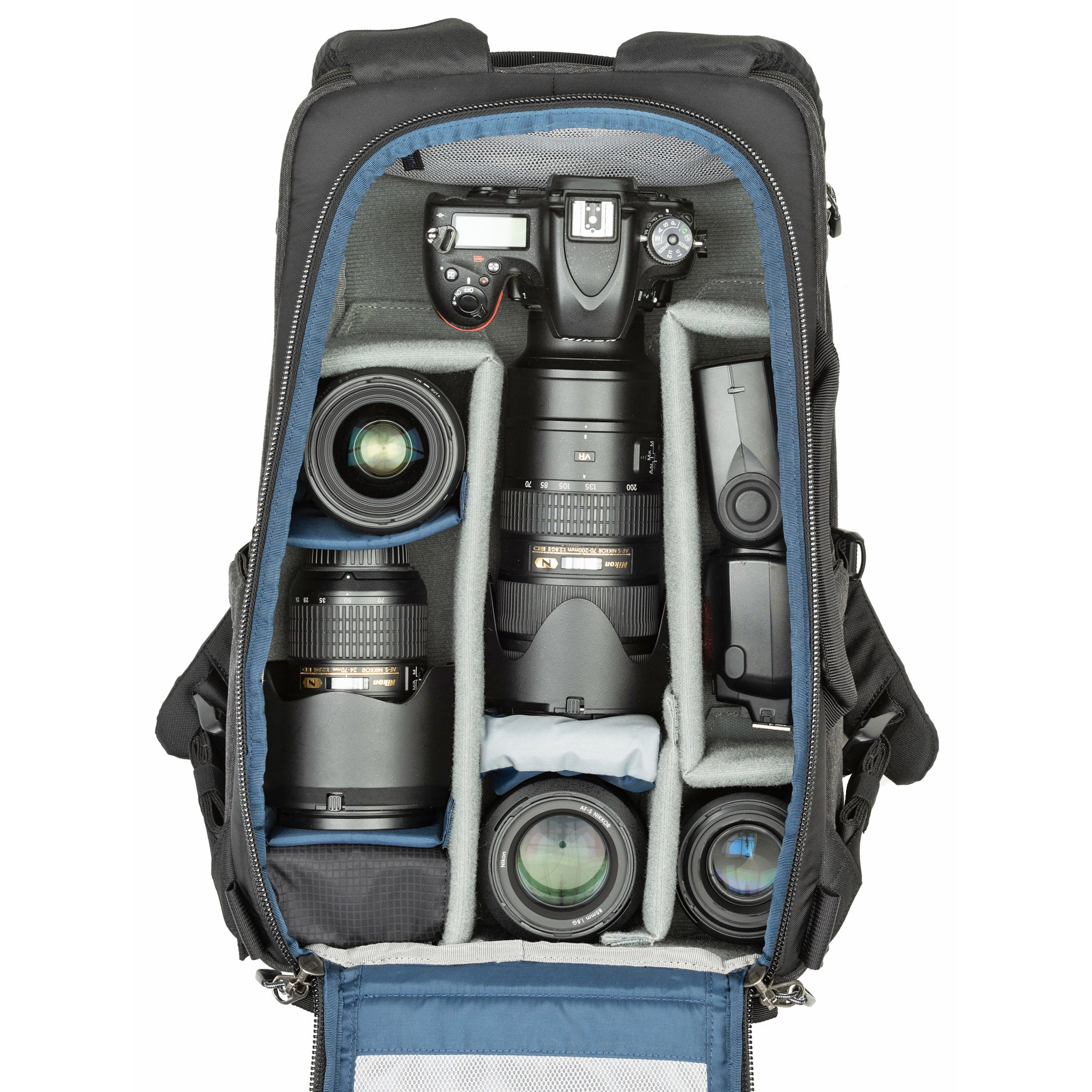 1–2 ungripped DSLR or Mirrorless bodies with lens attached up to a 70–200mm f/2.8, 2–5 additional lenses, a strobe, a 16” laptop, plus personal gear