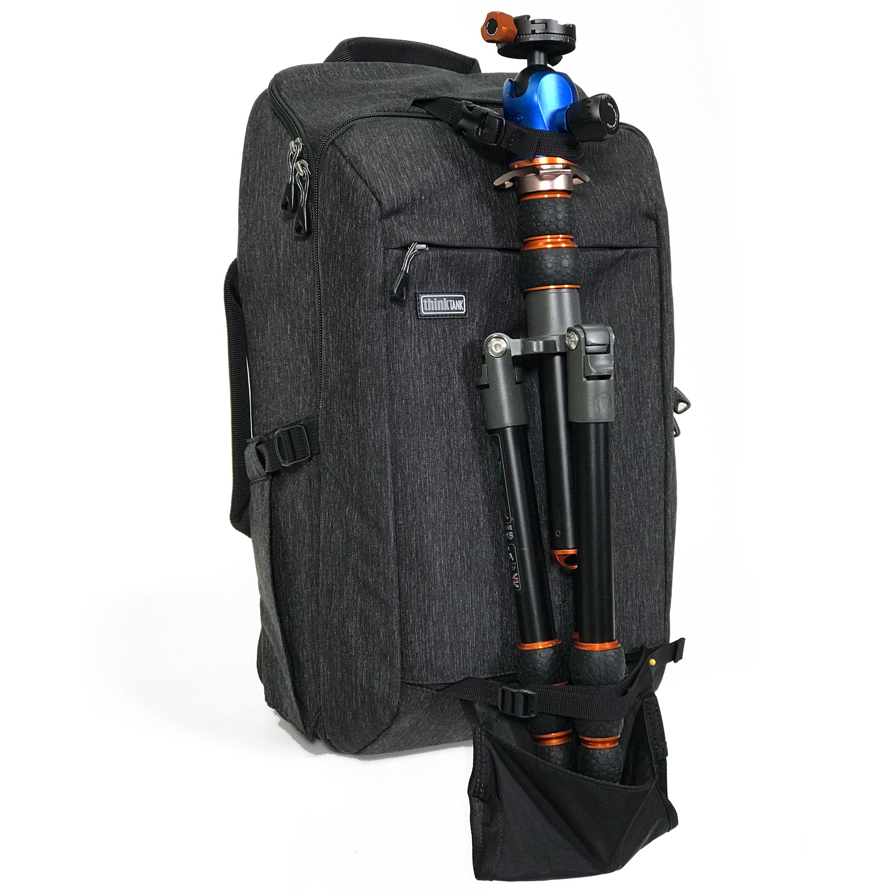 Tripod attachment on front secures a small or large tripod with deployable cup