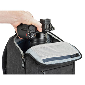 Top panel quick access and rear panel full-access to camera gear