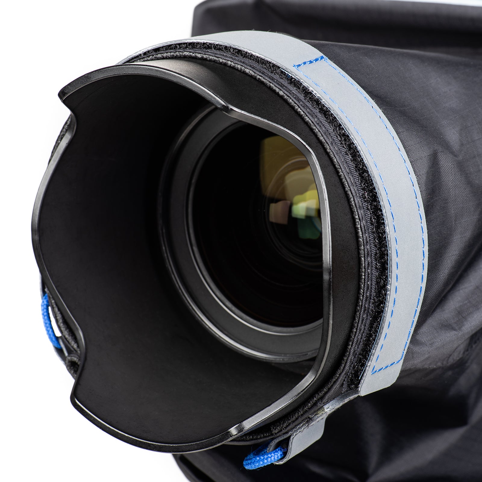 Non-slip, adjustable strap attaches directly to the lens hood