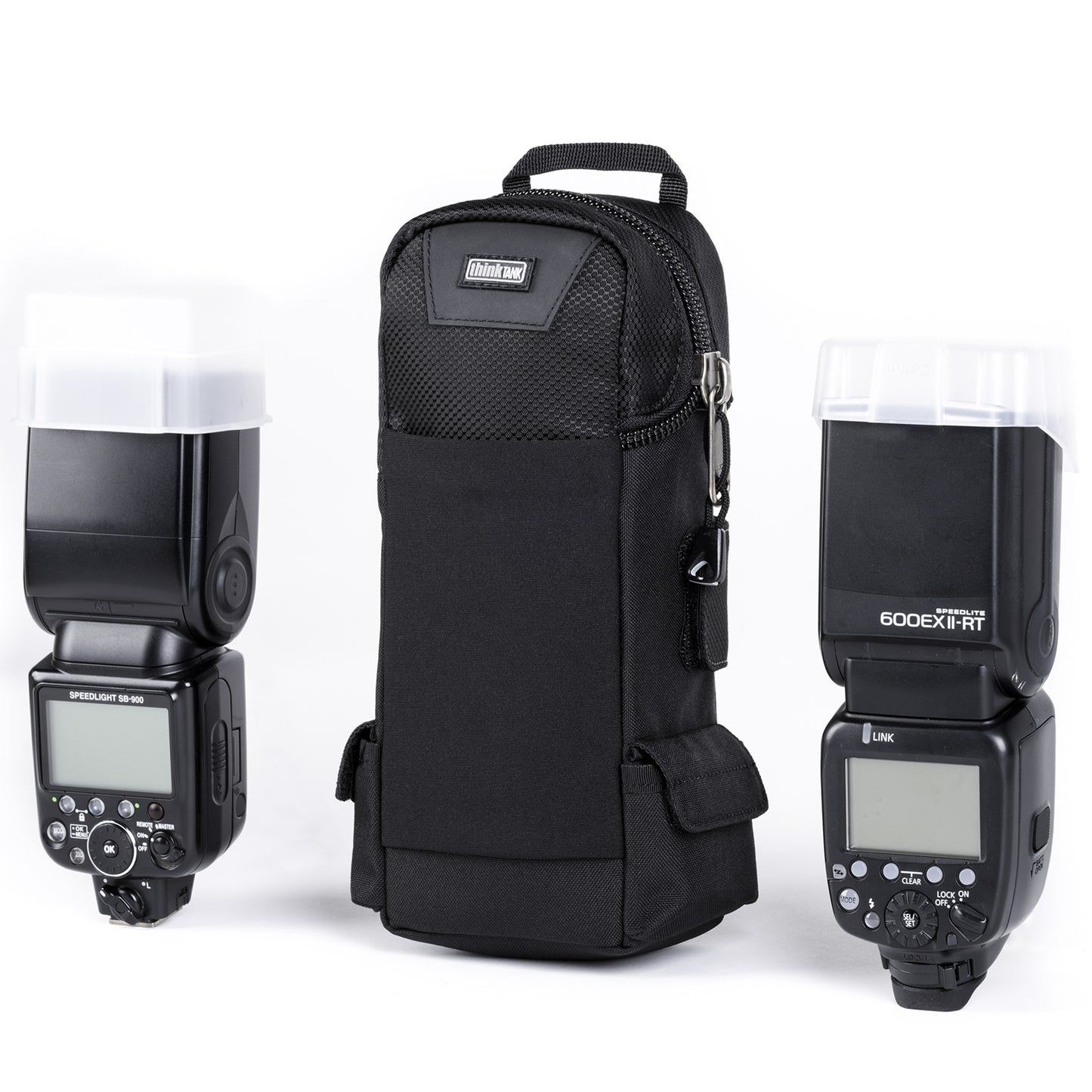 
                  
                    Holds large flash with attached diffuser
                  
                