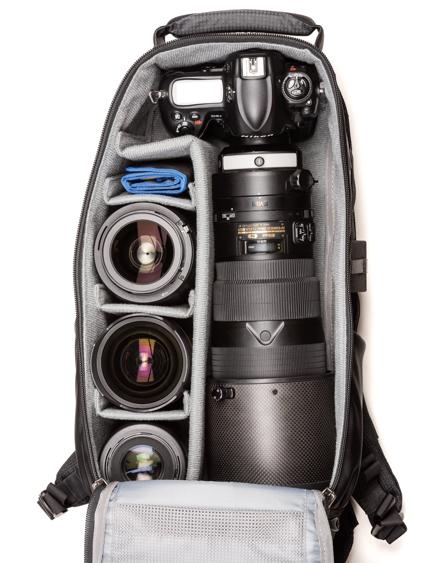 
                  
                    Nikon D3S+300mm f/2.8 with hood extended, 24-70mm f/2.8, 14-24mm f/2.8, 105mm f/2.8
                  
                