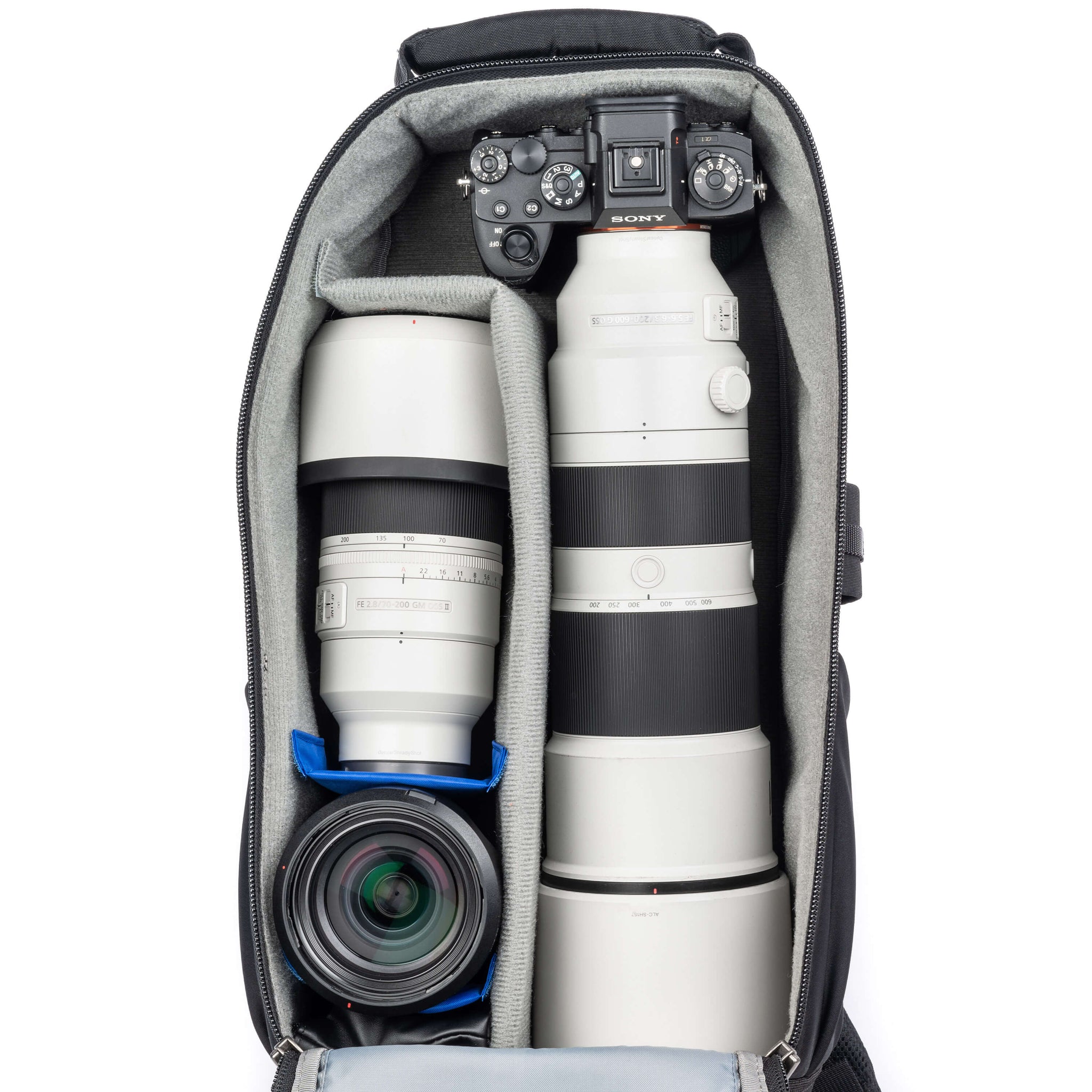 Sony Gripped A1+200-600mm f/5.6-6.3 with extended hood, 70-200mm f/2.8, 24-70mm f/2.8