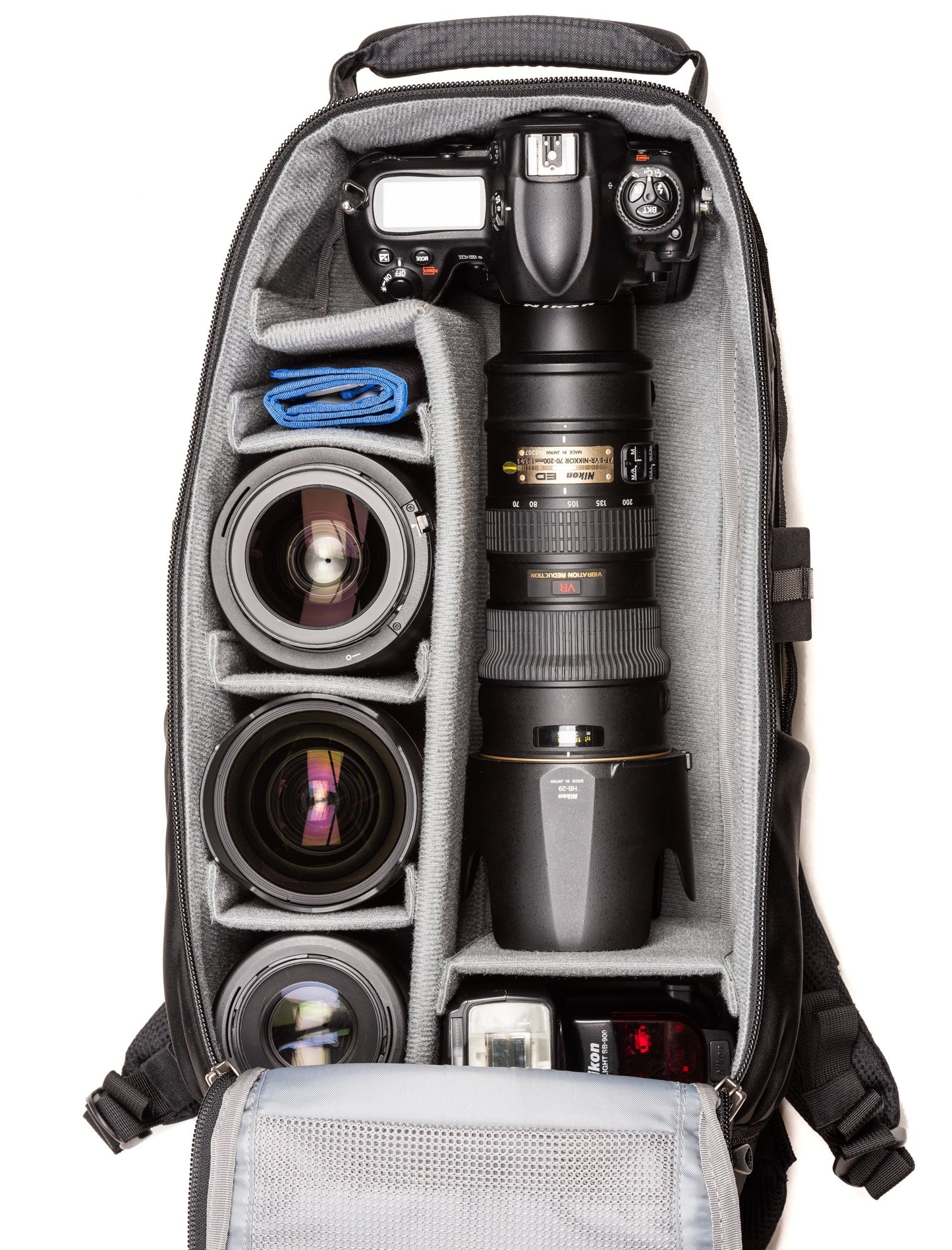 
                  
                    Nikon D3S+70-200mm f/2.8 with hood extended, 24-70mm f/2.8, 14-24mm f/2.8, 105mm f/2.8, flash
                  
                