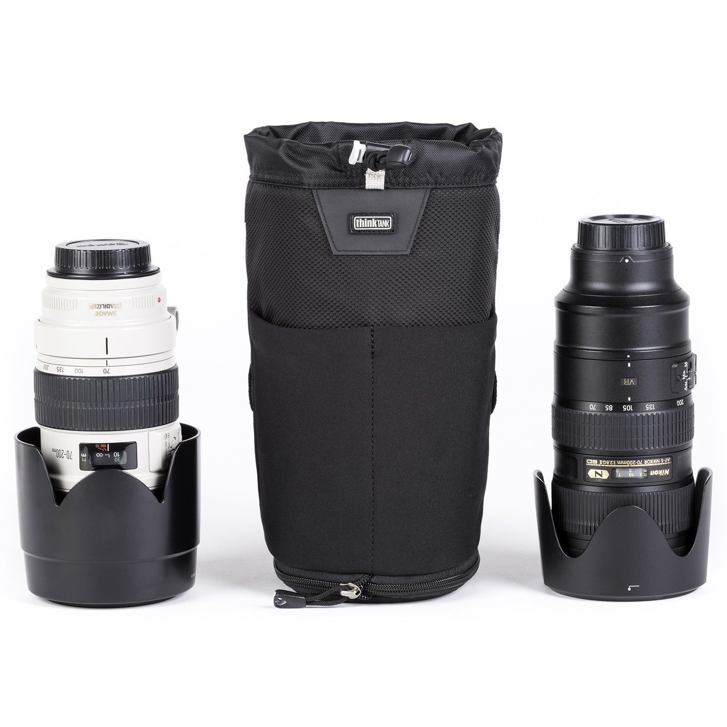 
                  
                    Modular pouch accommodates a 70–200mm f/2.8 lens with hood reversed or in shooting position when popped down
                  
                