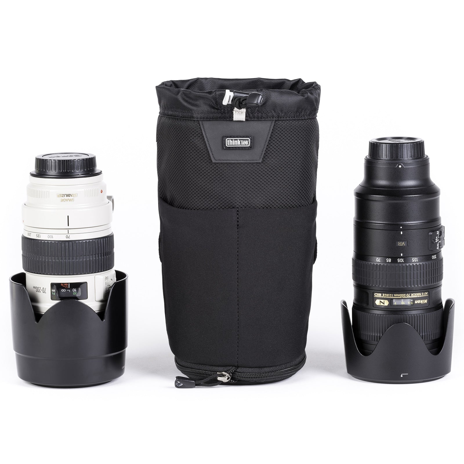 Modular pouch accommodates a 70–200mm f/2.8 lens with hood reversed or in shooting position when popped down