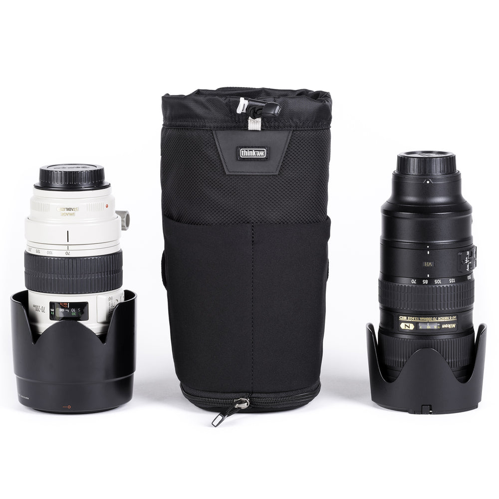 
                  
                    Modular pouch accommodates a 70–200mm f/2.8 lens with hood reversed or in shooting position when popped down
                  
                