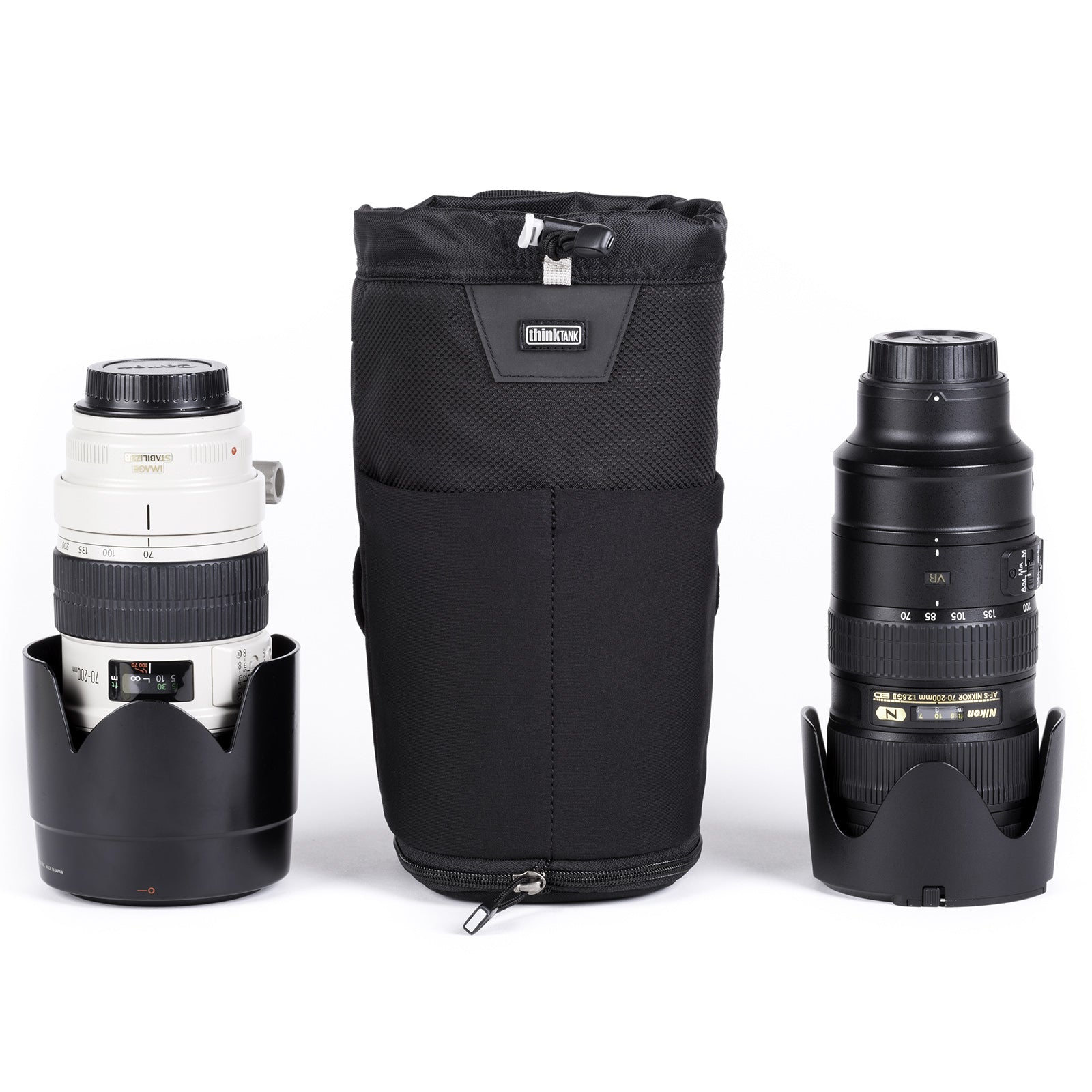 Modular pouch accommodates a 70–200mm f/2.8 lens with hood reversed or in shooting position when popped down