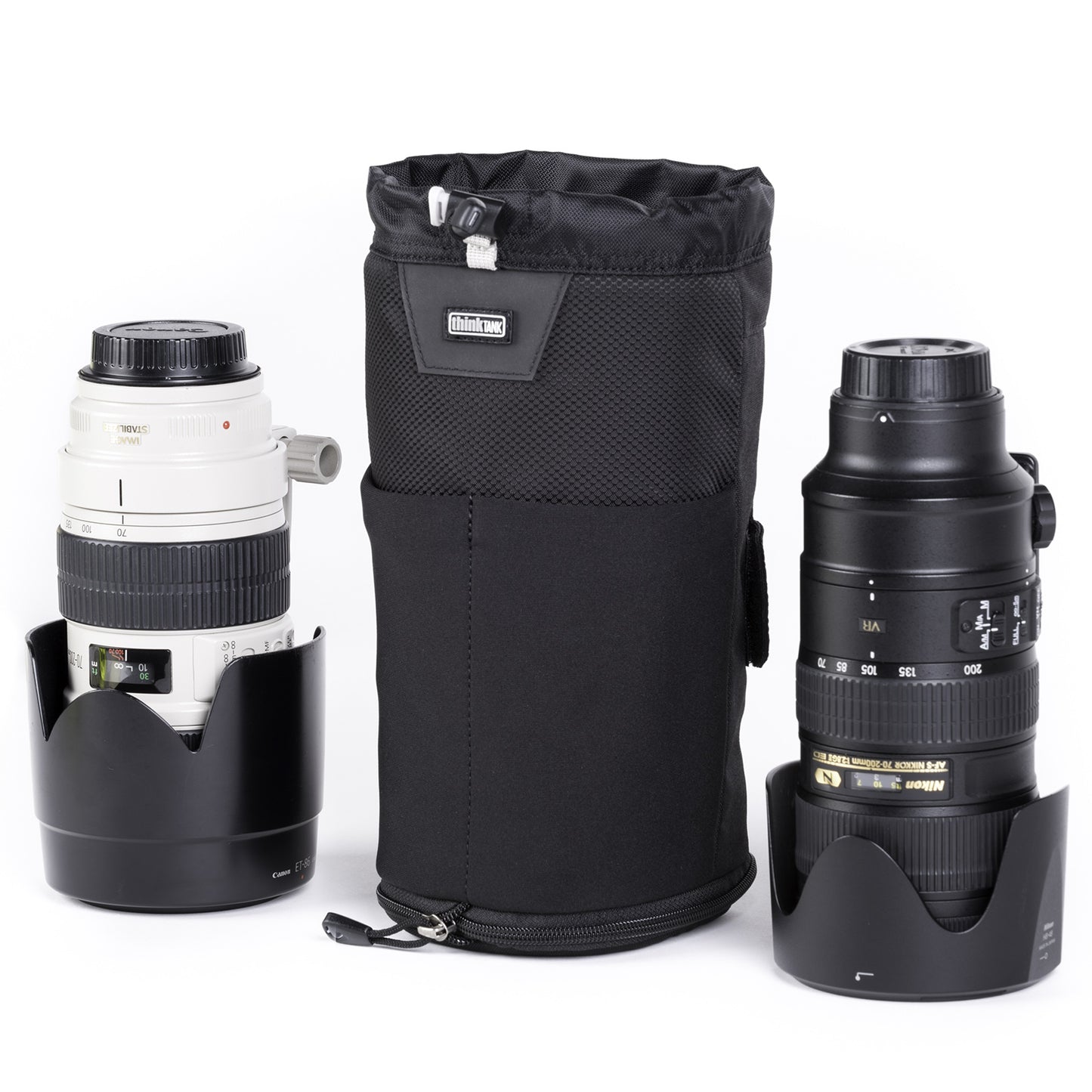 
                  
                    Modular pouch accommodates a 70–200mm f/2.8 lens with hood reversed or in shooting position when popped down
                  
                