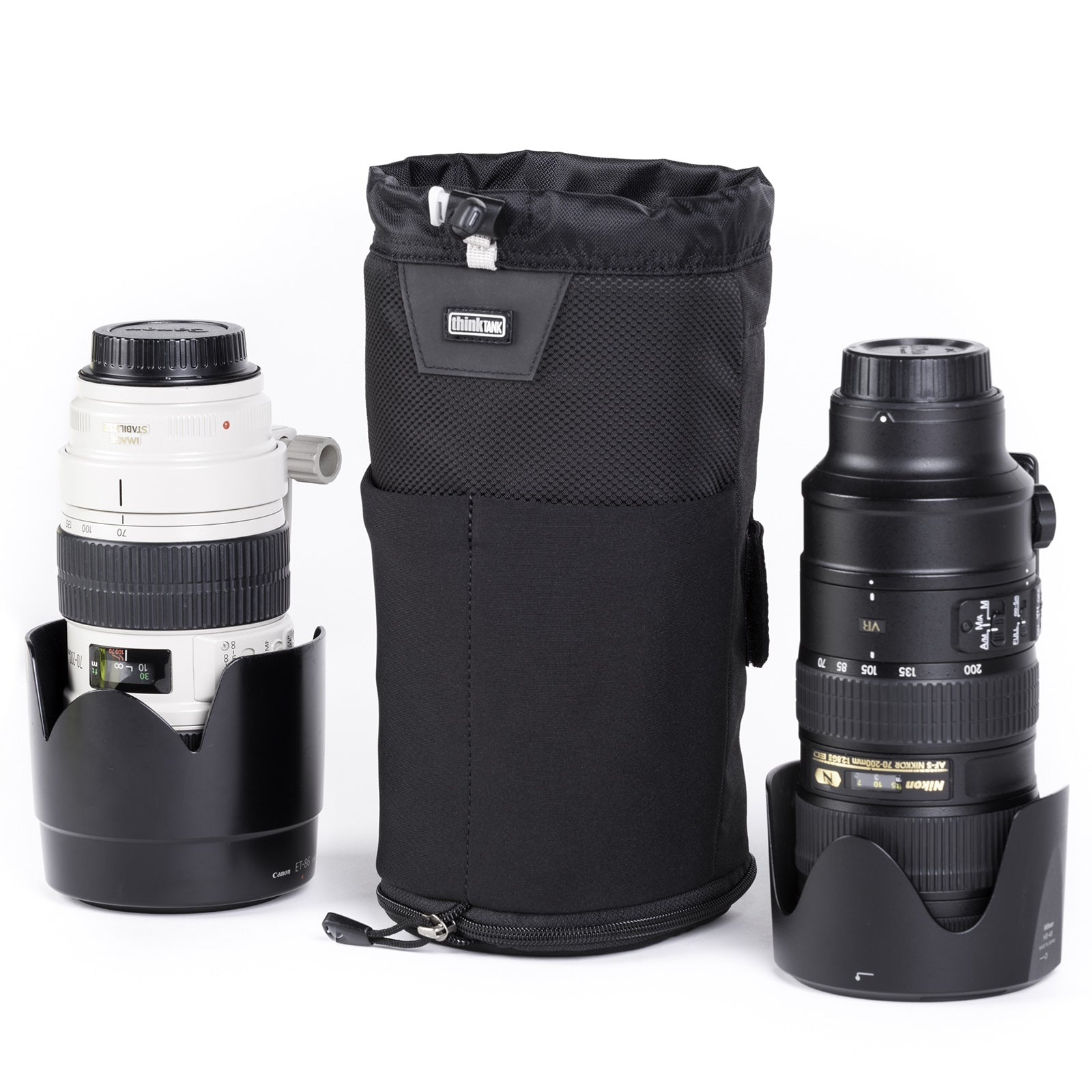 Modular pouch accommodates a 70–200mm f/2.8 lens with hood reversed or in shooting position when popped down