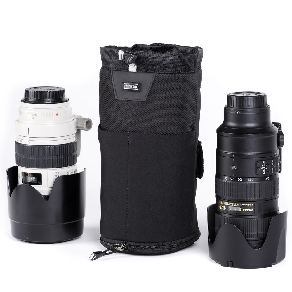 
                  
                    Modular pouch accommodates a 70–200mm f/2.8 lens with hood reversed or in shooting position when popped down
                  
                