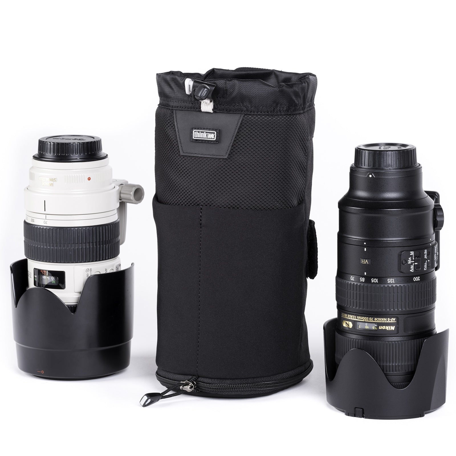 Modular pouch accommodates a 70–200mm f/2.8 lens with hood reversed or in shooting position when popped down
