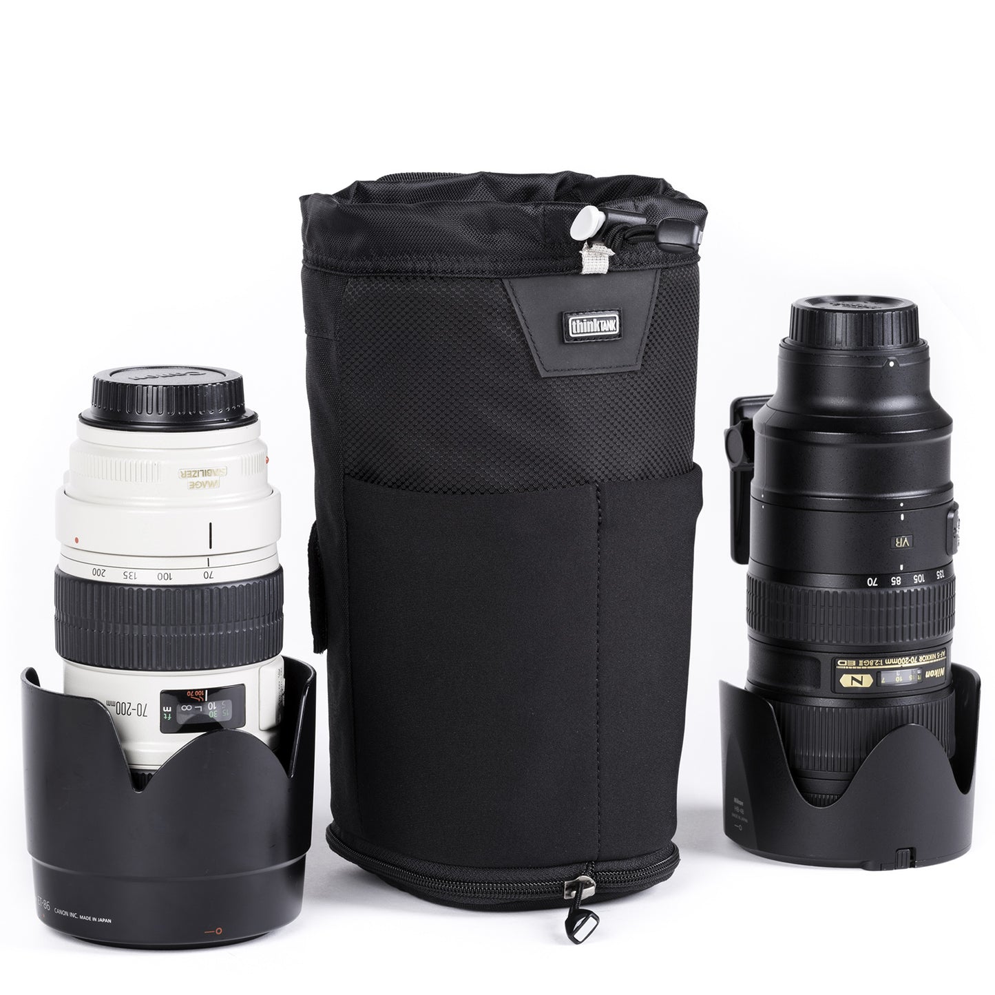 
                  
                    Modular pouch accommodates a 70–200mm f/2.8 lens with hood reversed or in shooting position when popped down
                  
                