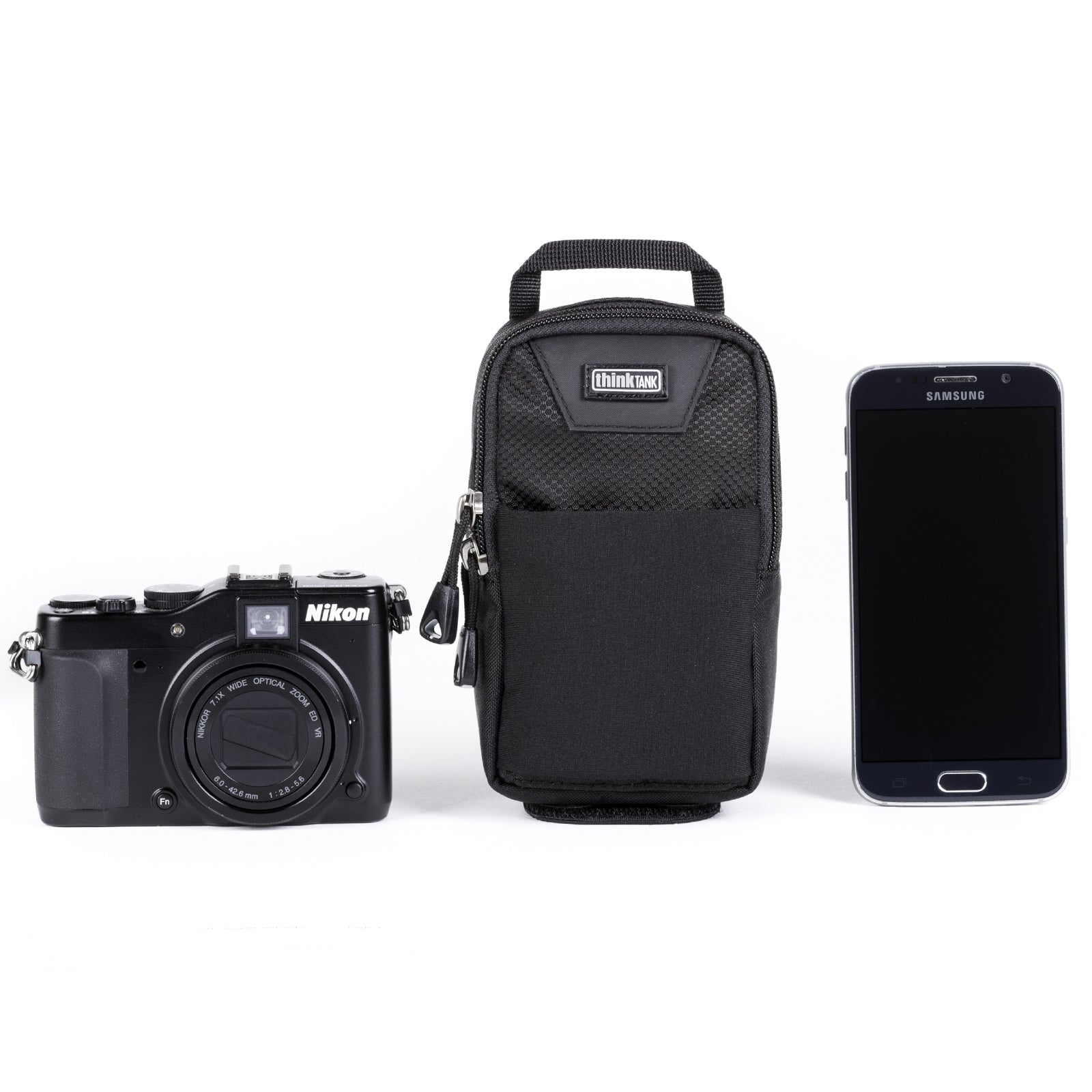 Carries a smartphone, professional point and shoot camera, etc