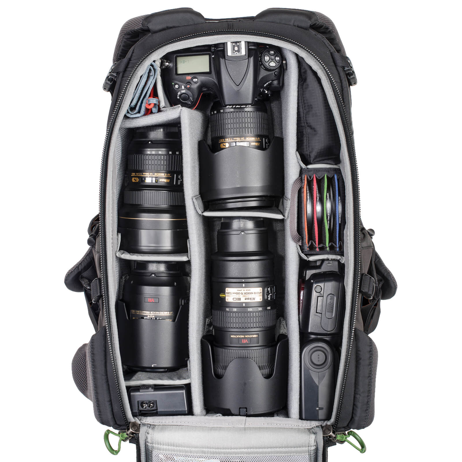Nikon DSLR gear layout. Holds 1 standard-size DSLR and 4-6 standard zoom lenses plus a flash OR holds 2 large mirrorless DSLRs and 5-7 lenses plus a flash