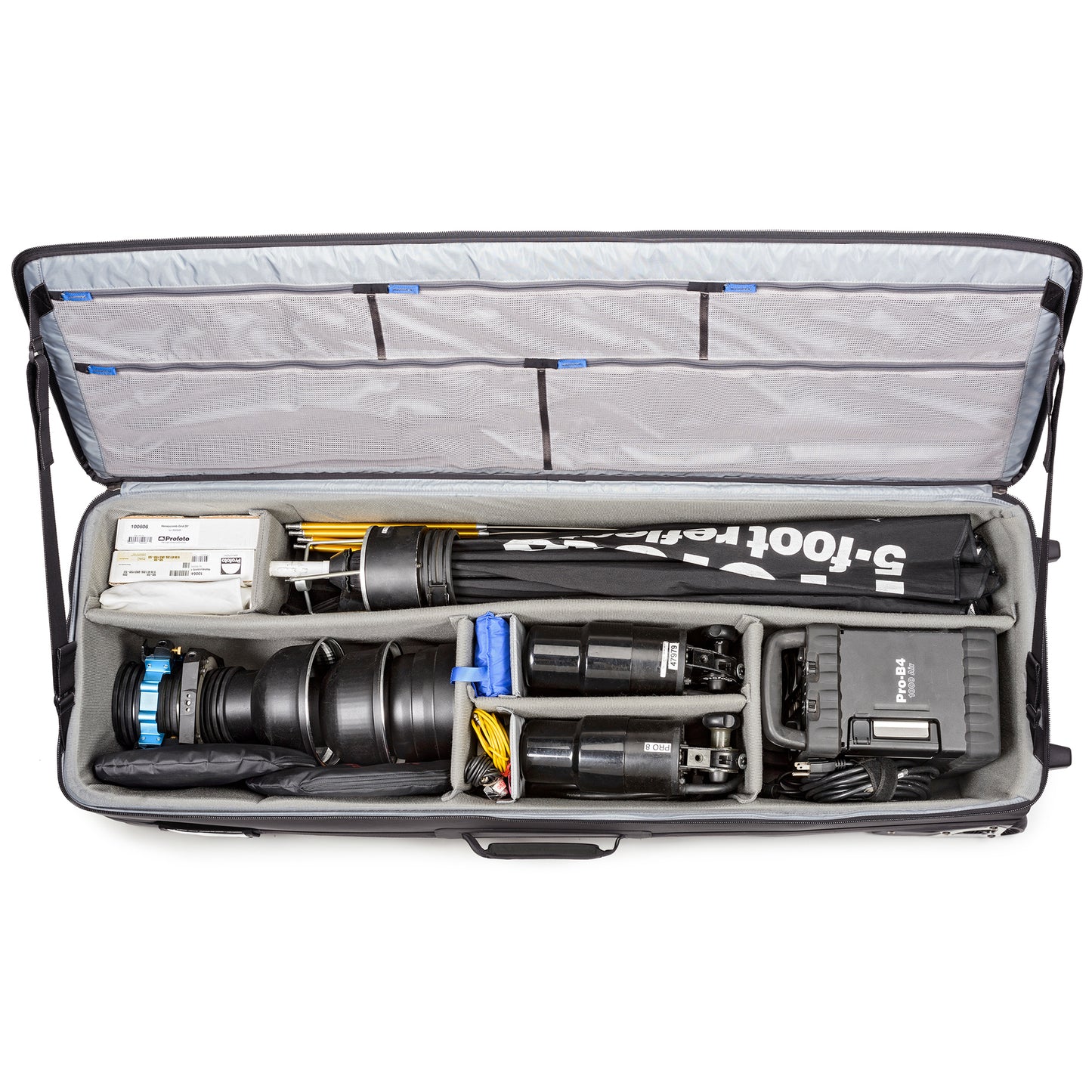 
                  
                    Fits 3–4 flash heads, 2–3 power packs, monoblocks, umbrellas, large size softboxes or modifiers (collapsed), large light stands including C-stands
                  
                