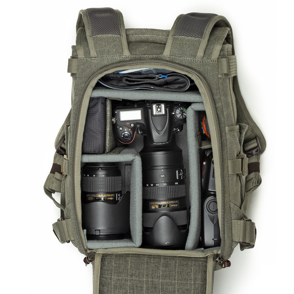 
                  
                    Nikon D810 with 70-200mm f/2.8 attached, 24-70mm f/2.8, flash, and room for personal items in top section
                  
                