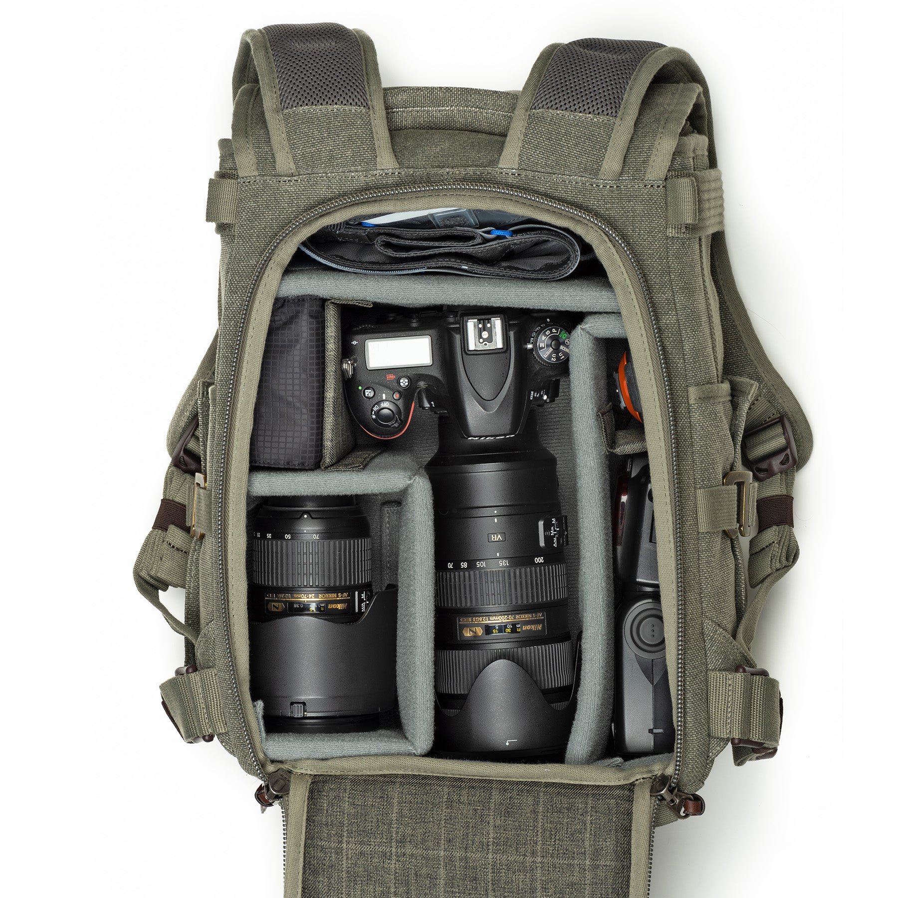 Nikon D810 with 70-200mm f/2.8 attached, 24-70mm f/2.8, flash, and room for personal items in top section