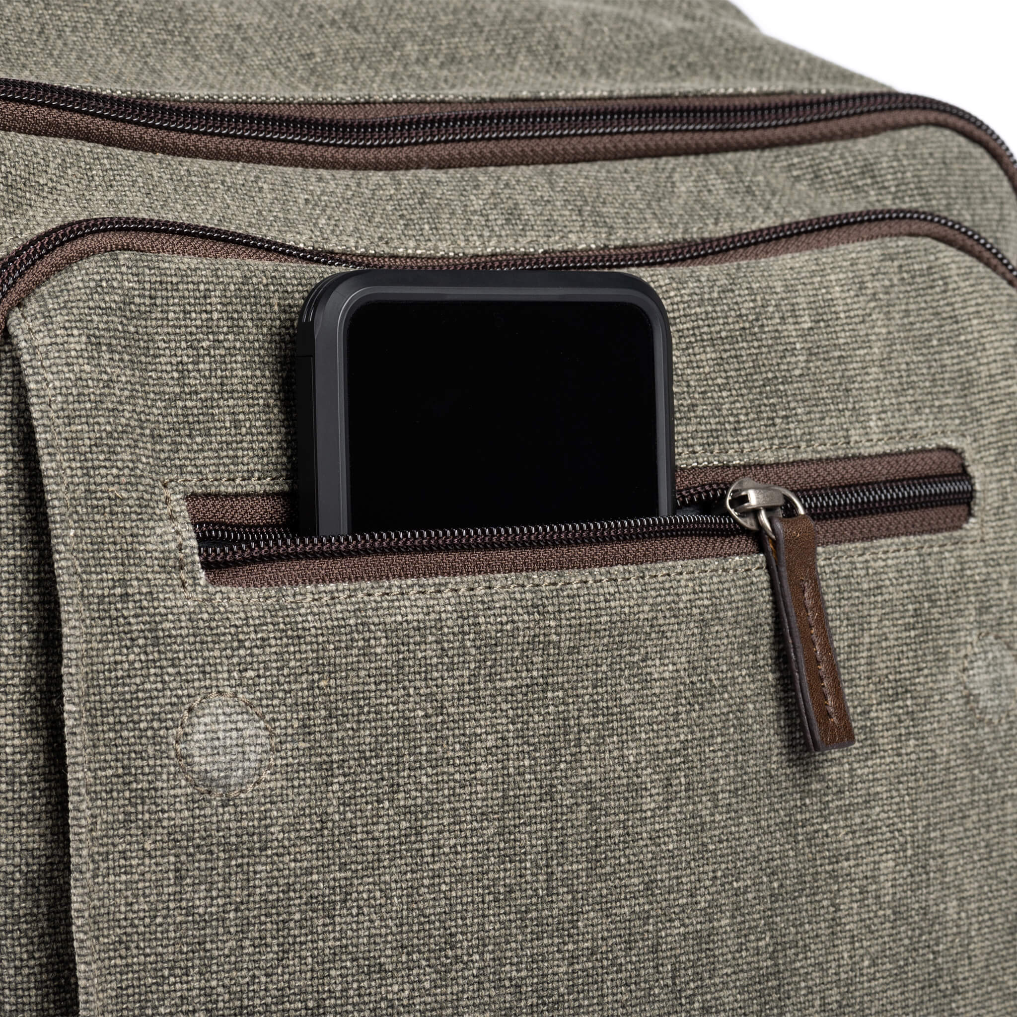 Zippered phone pocket lined with mirofiber fits plus-sized phones with cases