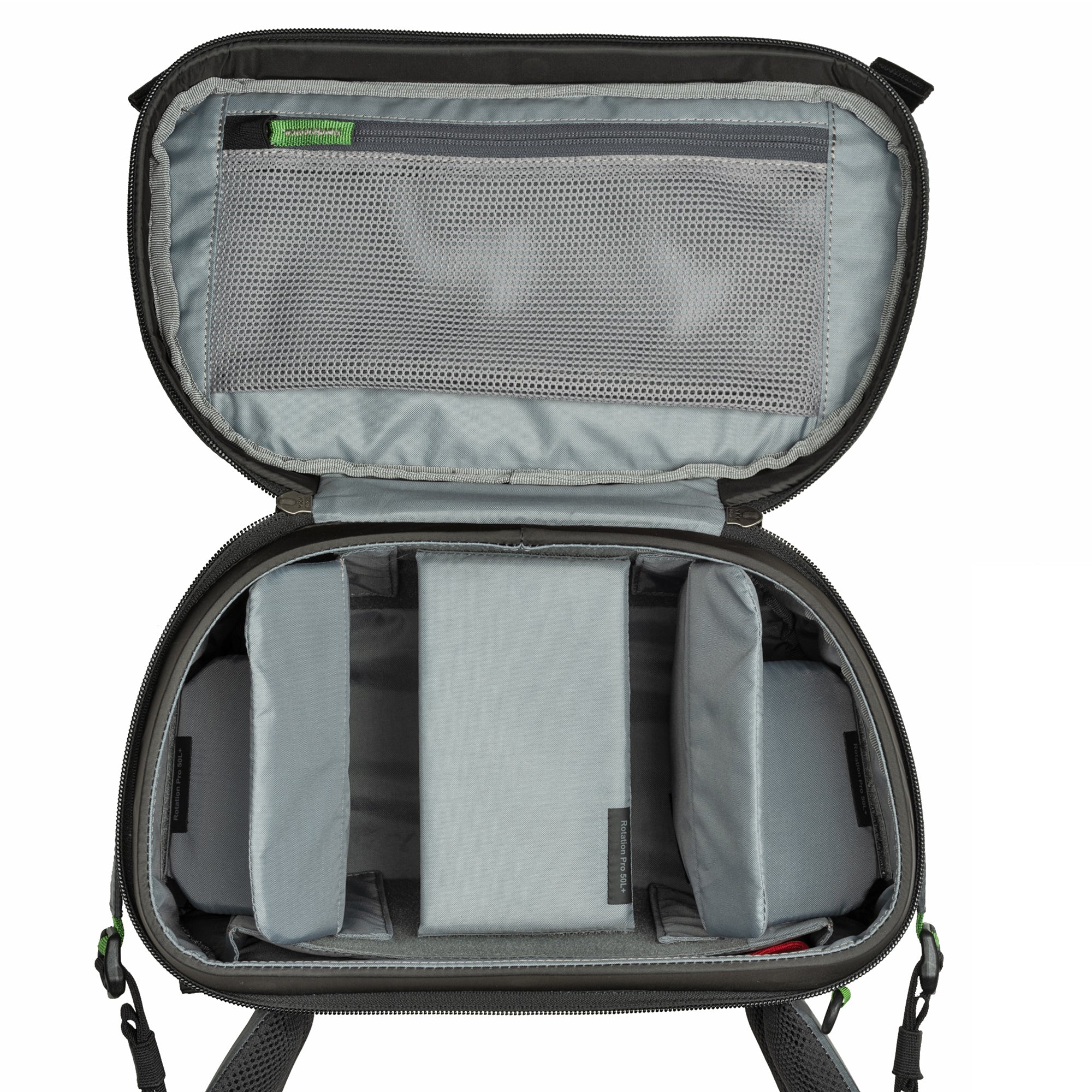 10-Liter rotating beltpack features customizable dividers and a zippered mesh pocket