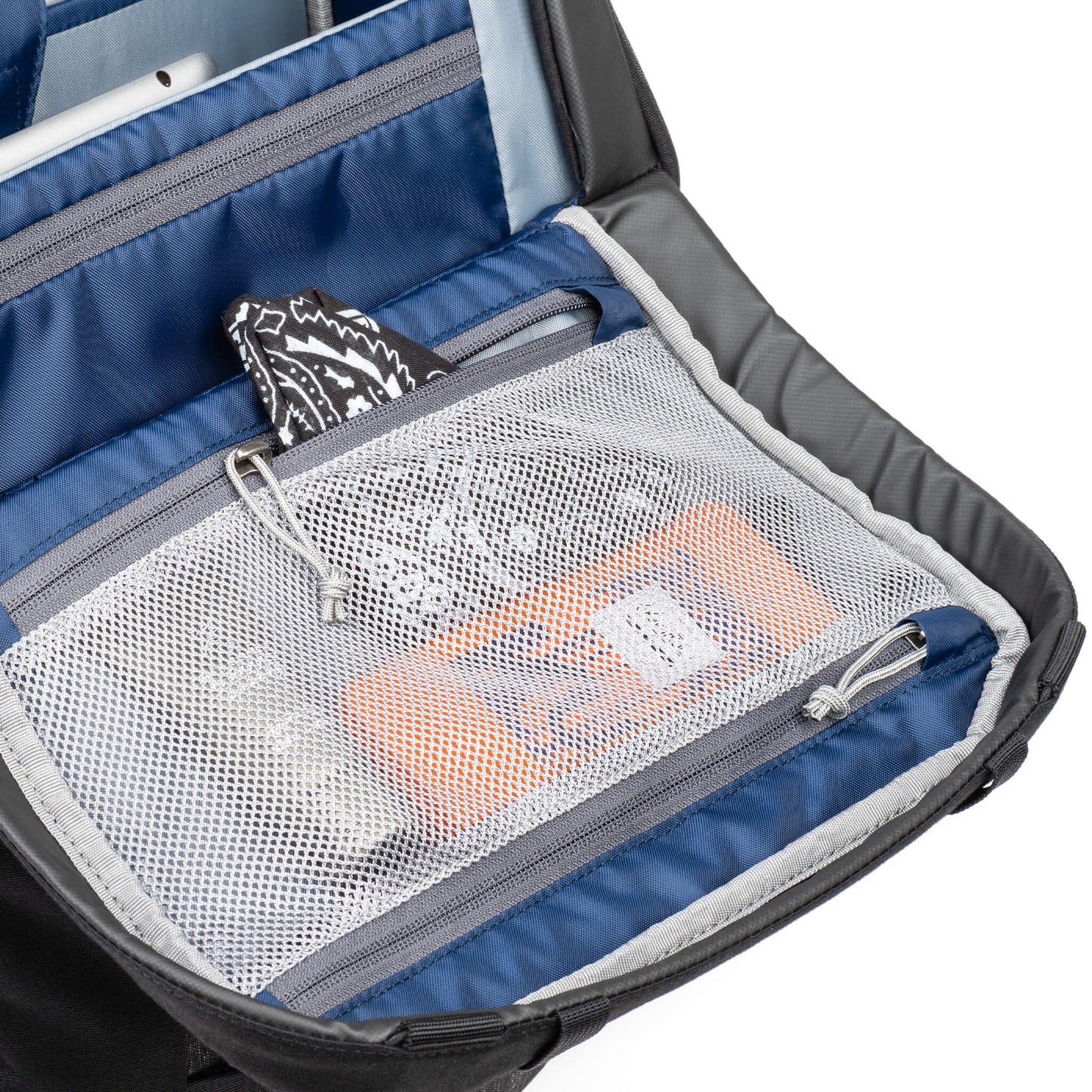 
                  
                    Zippered mesh pocket on the lid opens from both ends depending on open position
                  
                