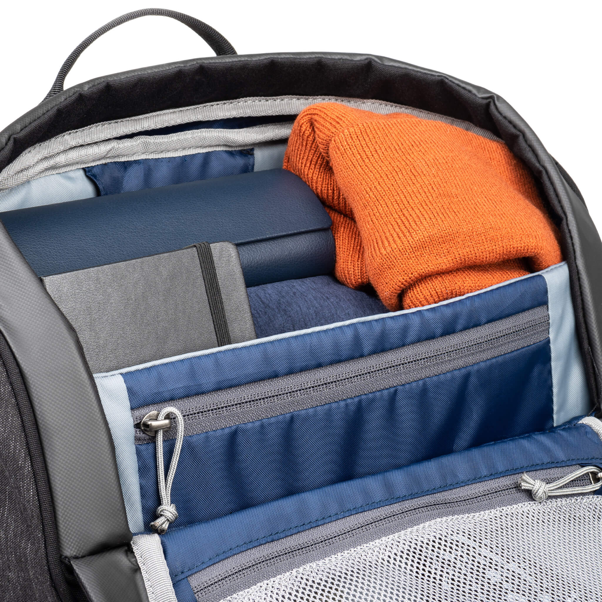 Top compartment keeps essential items easily in reach