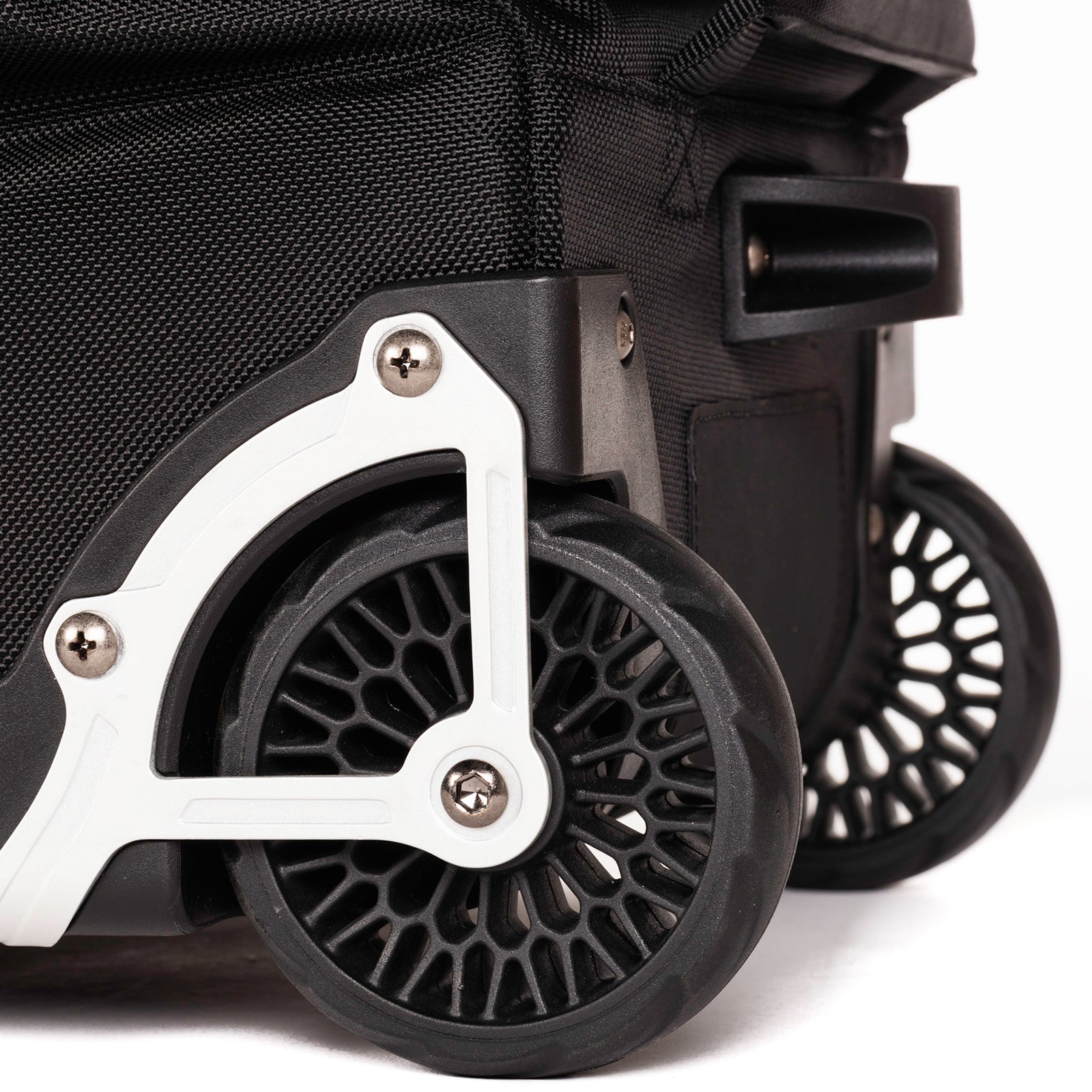 Oversized, shock-absorbing wheels roll smoothly and hold up under the toughest conditions