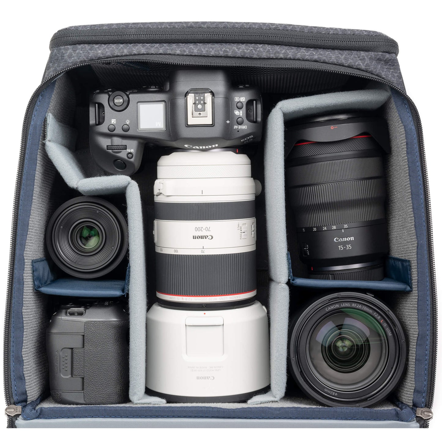 
                  
                    Stash-Master-L-Pro - Canon R3  70-200mm f/2.8 Hood Extended - 15-35mm f/2.8 - 35mm f/1.8 - 24-70mm f/2.8 - Canon R5 - Battery Charger
                  
                