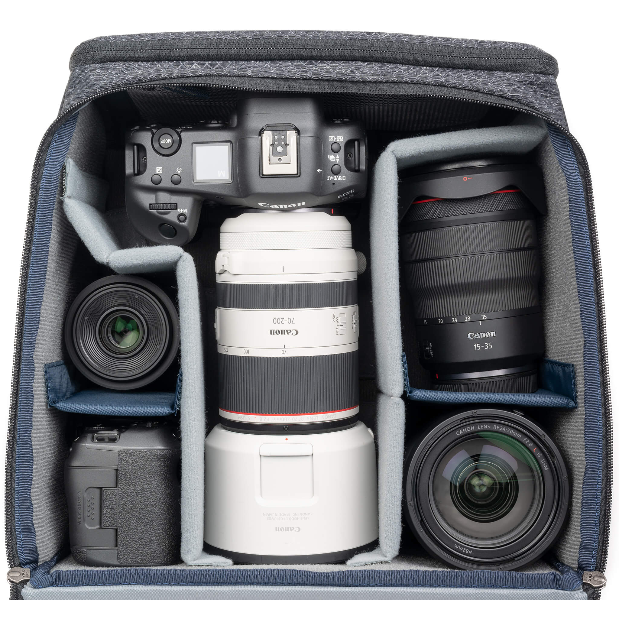 Stash-Master-L-Pro - Canon R3  70-200mm f/2.8 Hood Extended - 15-35mm f/2.8 - 35mm f/1.8 - 24-70mm f/2.8 - Canon R5 - Battery Charger