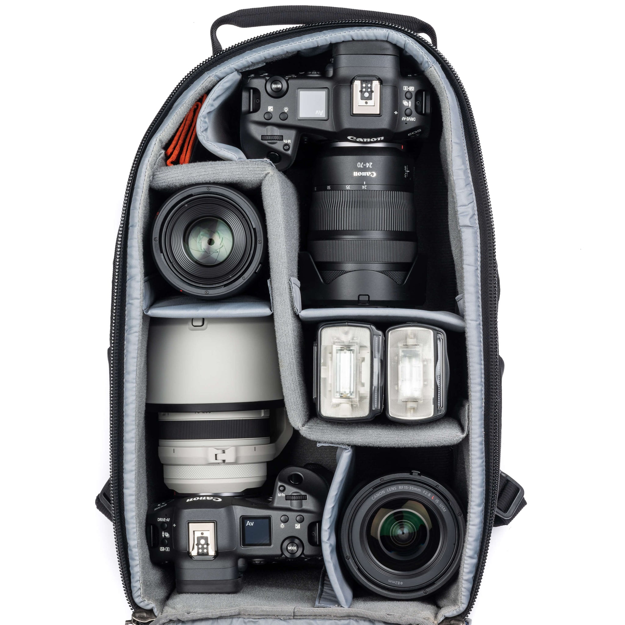 Canon R3+24-70mm f/2.8, 100mm f/2.8, R3+70-200mm f/2.8, 15-35mm f/2.8, Flashes
