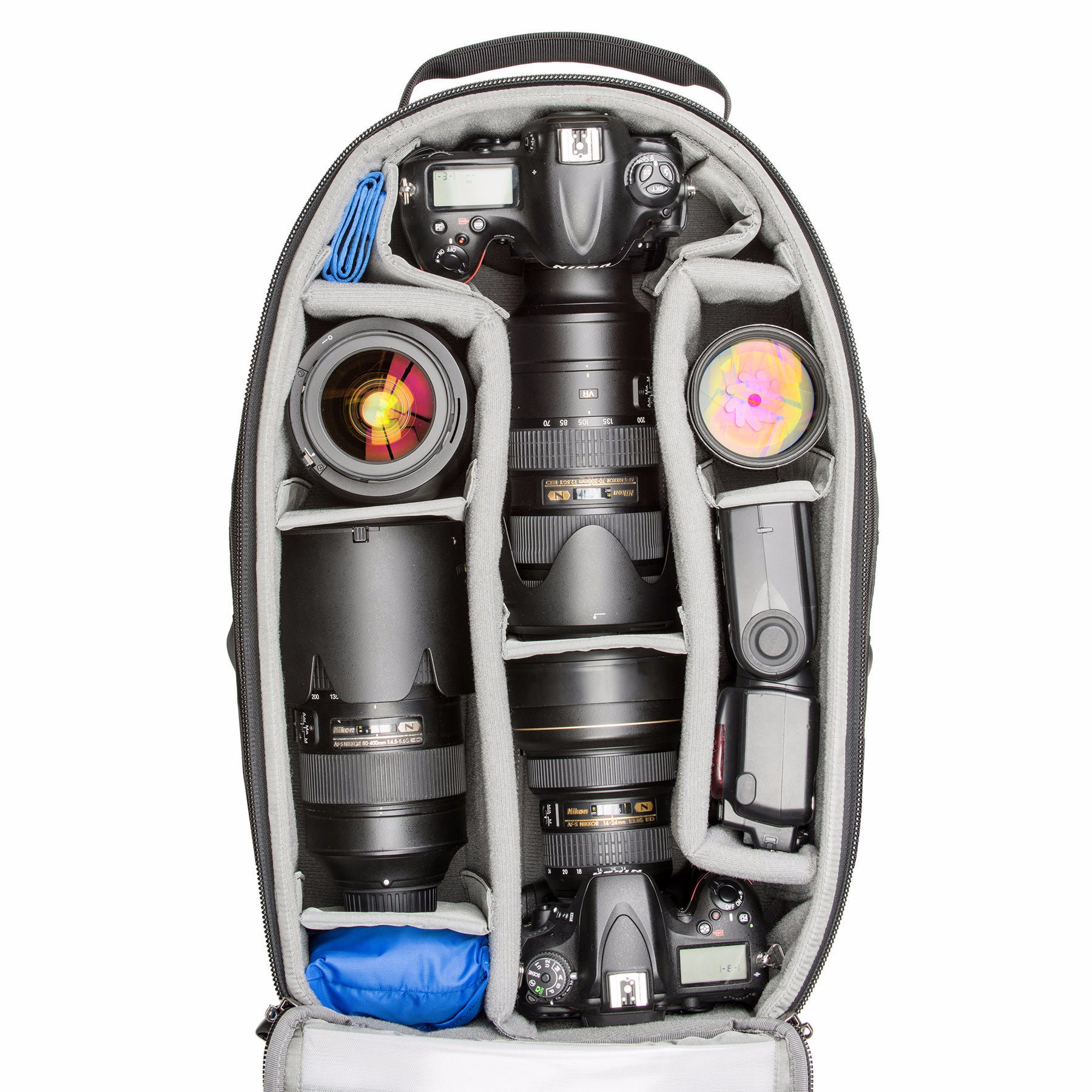 Nikon D4s (x2), 70–200mm f/2.8 attached, 24–70mm f/2.8, 14–24mm f/2.8, 105mm f/2.8, 50mm f/1.4, 35mm f/1.4, 2x tele-converter, SB900 flash (x2), 15” laptop and a 12.9” iPad Pro