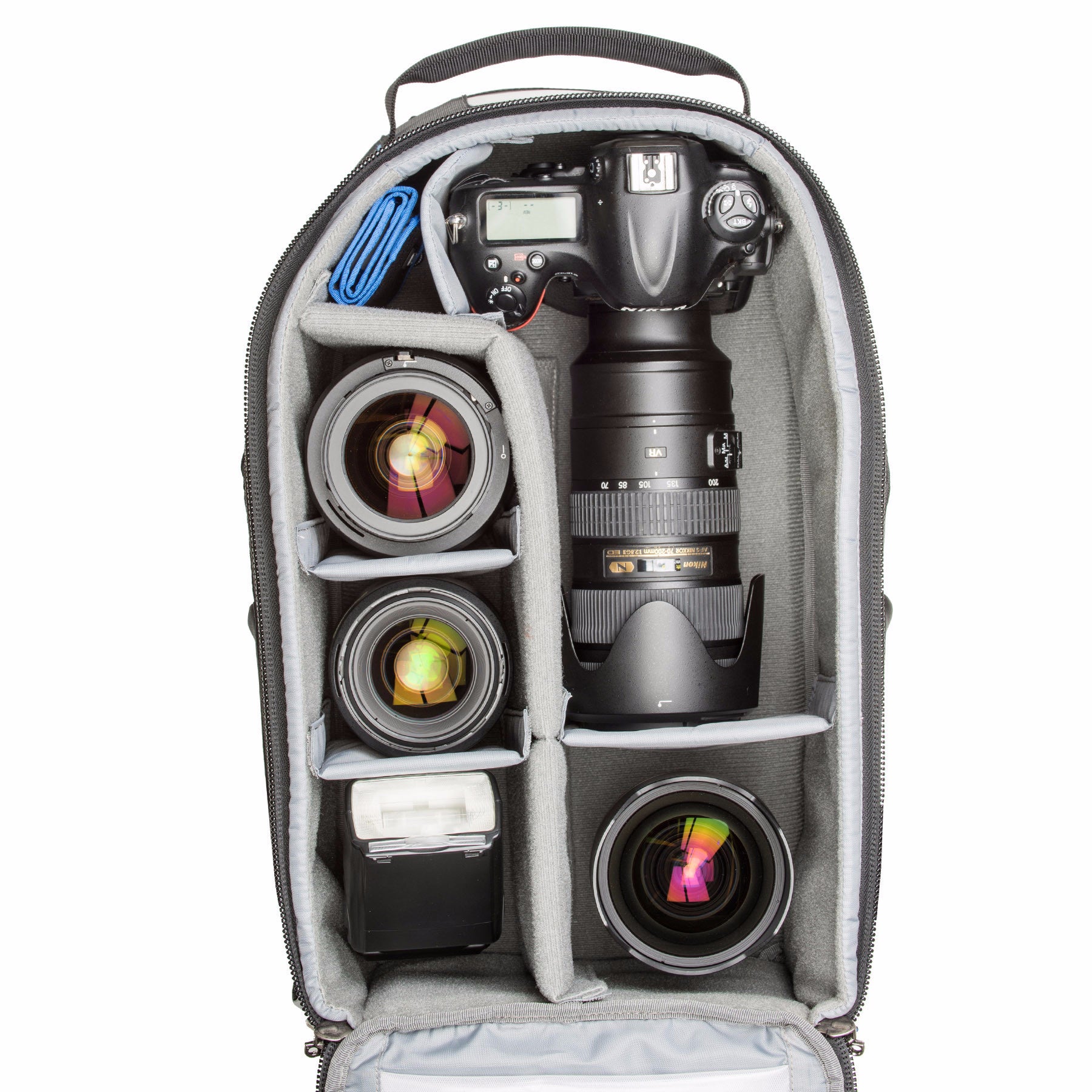 StreetWalker backpacks are designed to accommodate bodies with lenses attached