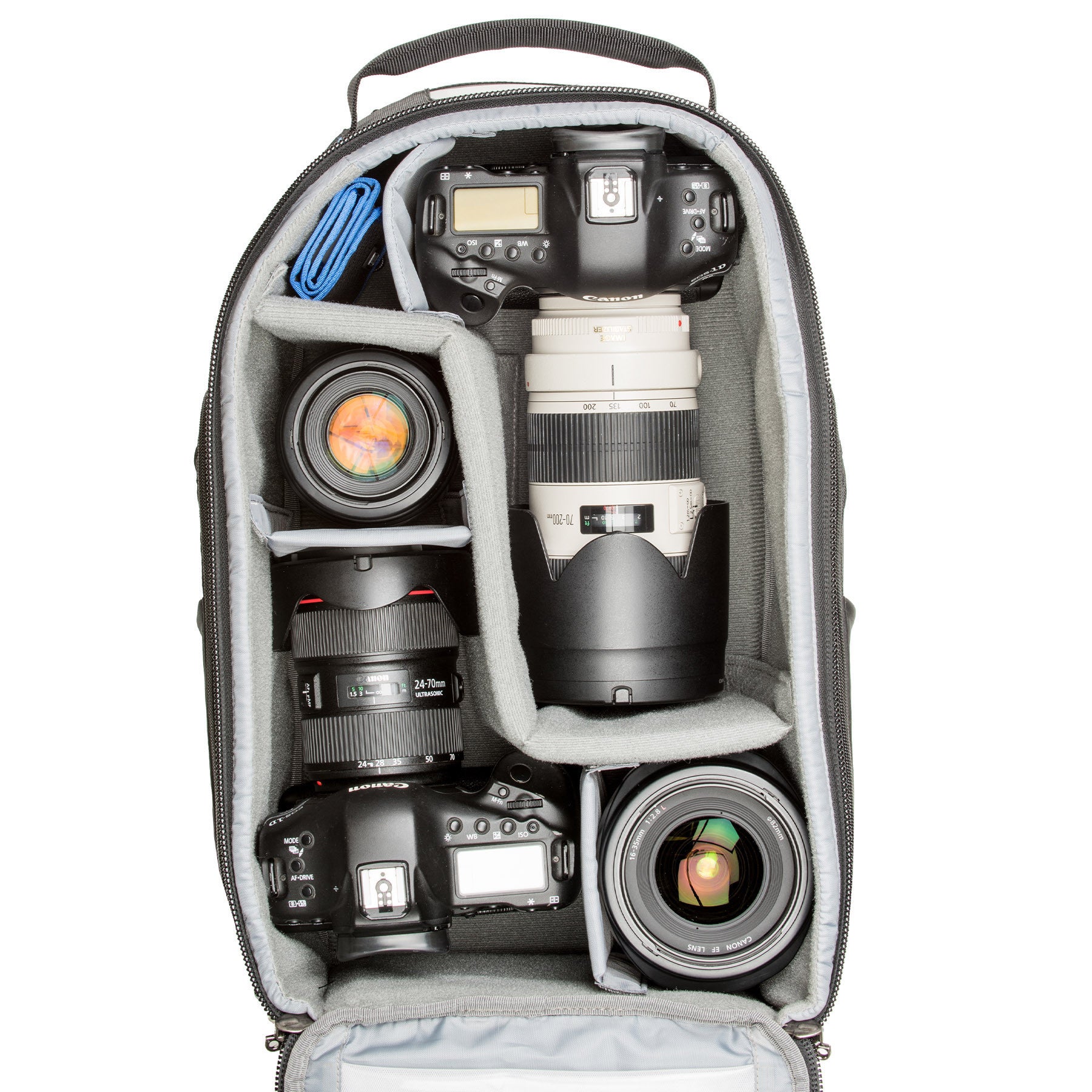 StreetWalker backpacks are designed to accommodate bodies with lenses attached